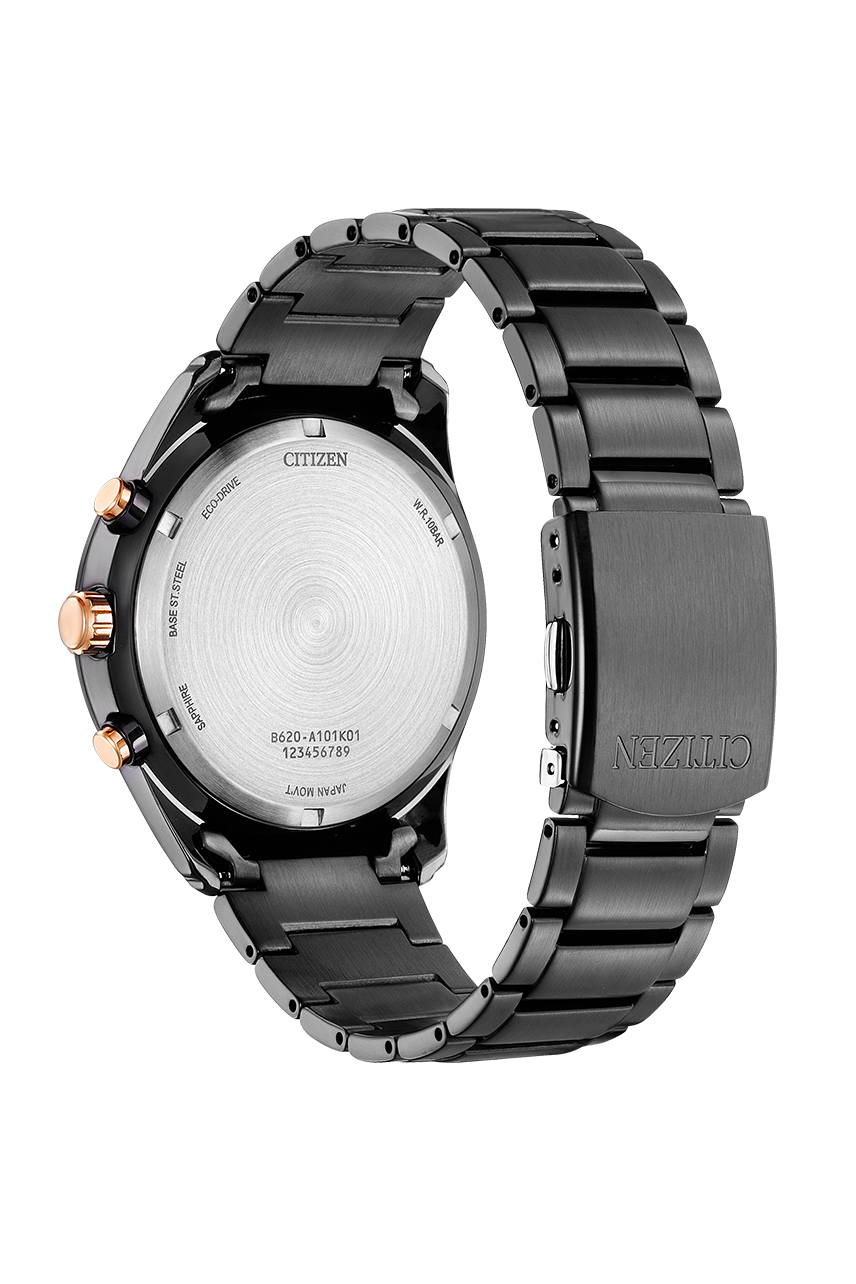 Black wristwatch with a metal band and white dial face.