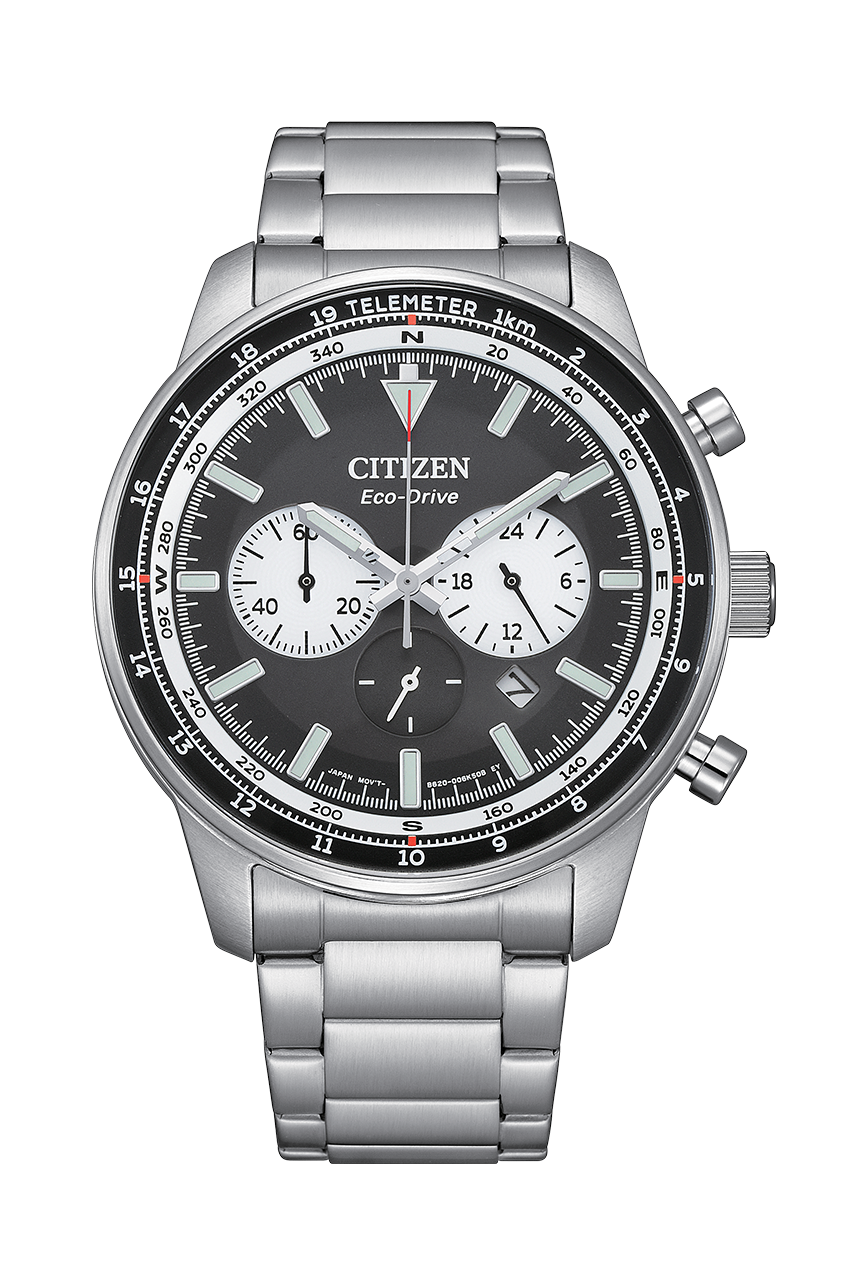 Citizen CA4500-91E 44mm chronograph black sunray dial, official front product shot with stainless steel case and bracelet