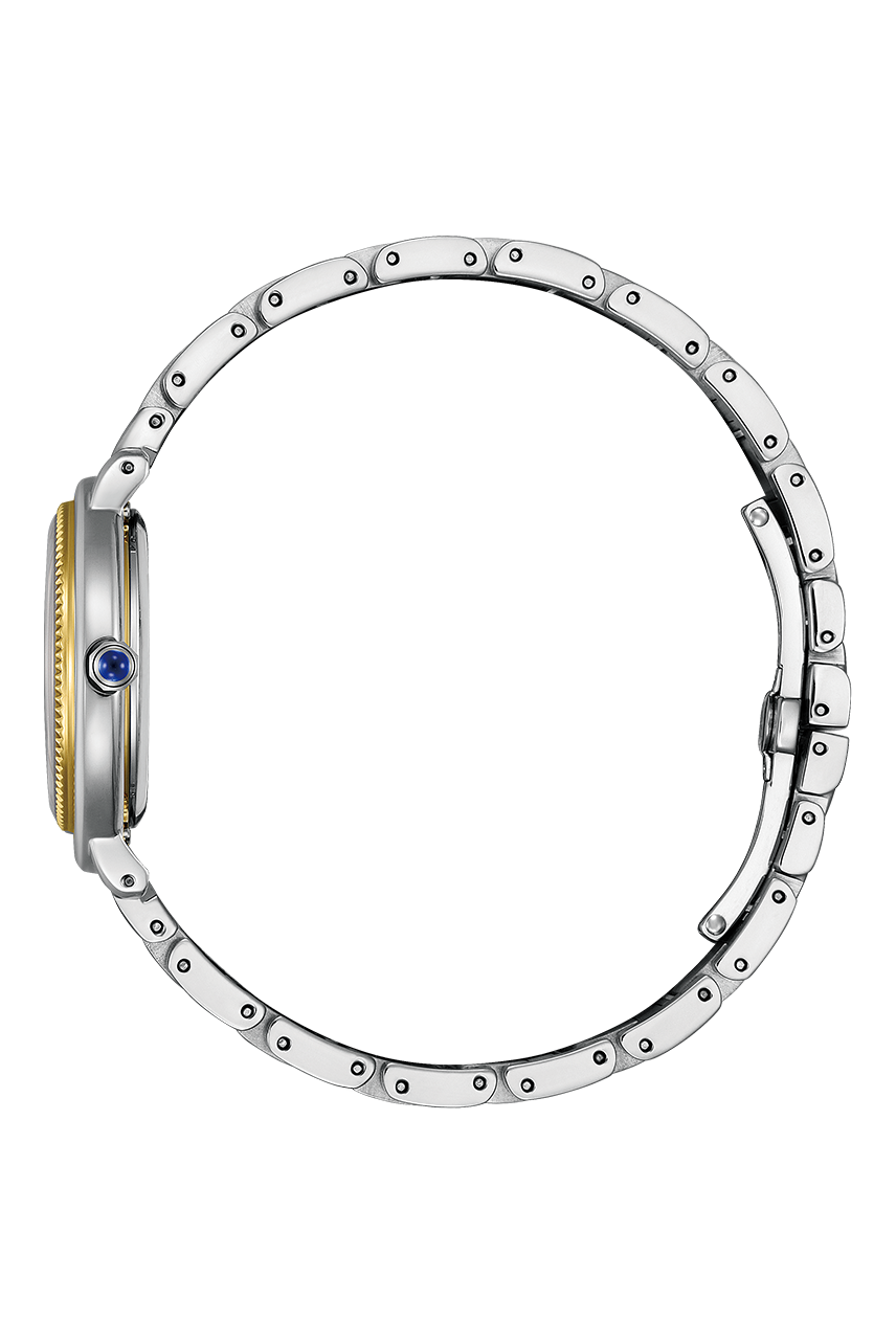 Citizen EM1104-83D mother-of-pearl dial ladies watch, official alternative angle showing two-tone gold-plated steel case and bracelet