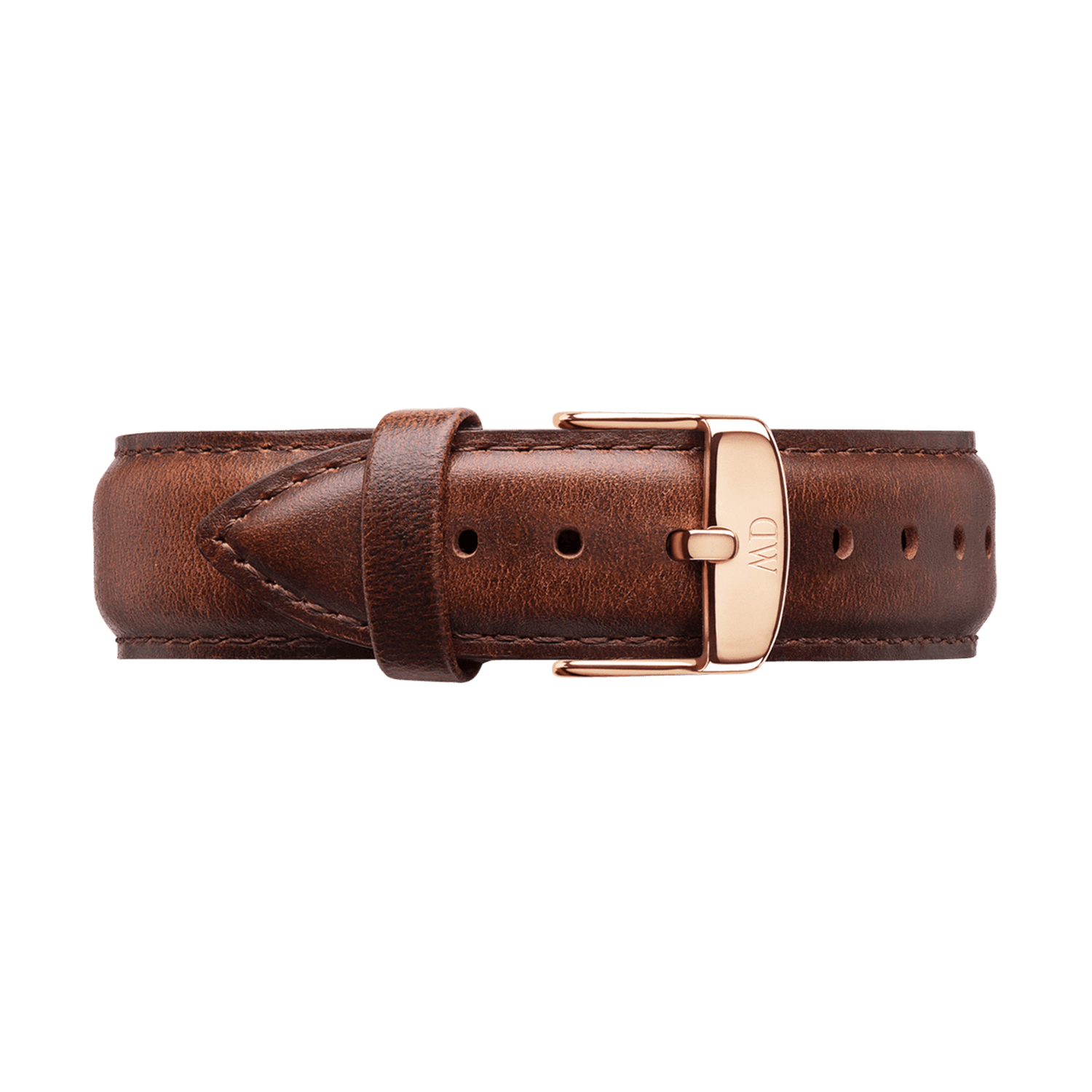 Brown leather watch strap with a rose gold buckle.