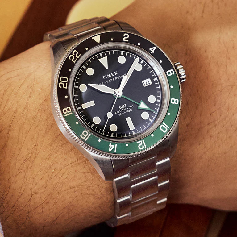 Timex Waterbury Heritage GMT Black Dial Green and Black Bezel Men's Watch TW2Y60800