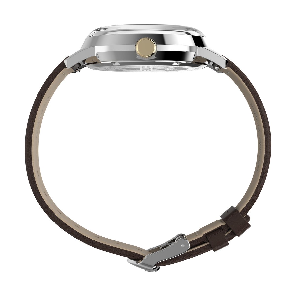 Angled view of the Timex Marlin GMT TW2Y84200 showing gold-tone markers on the brown dial