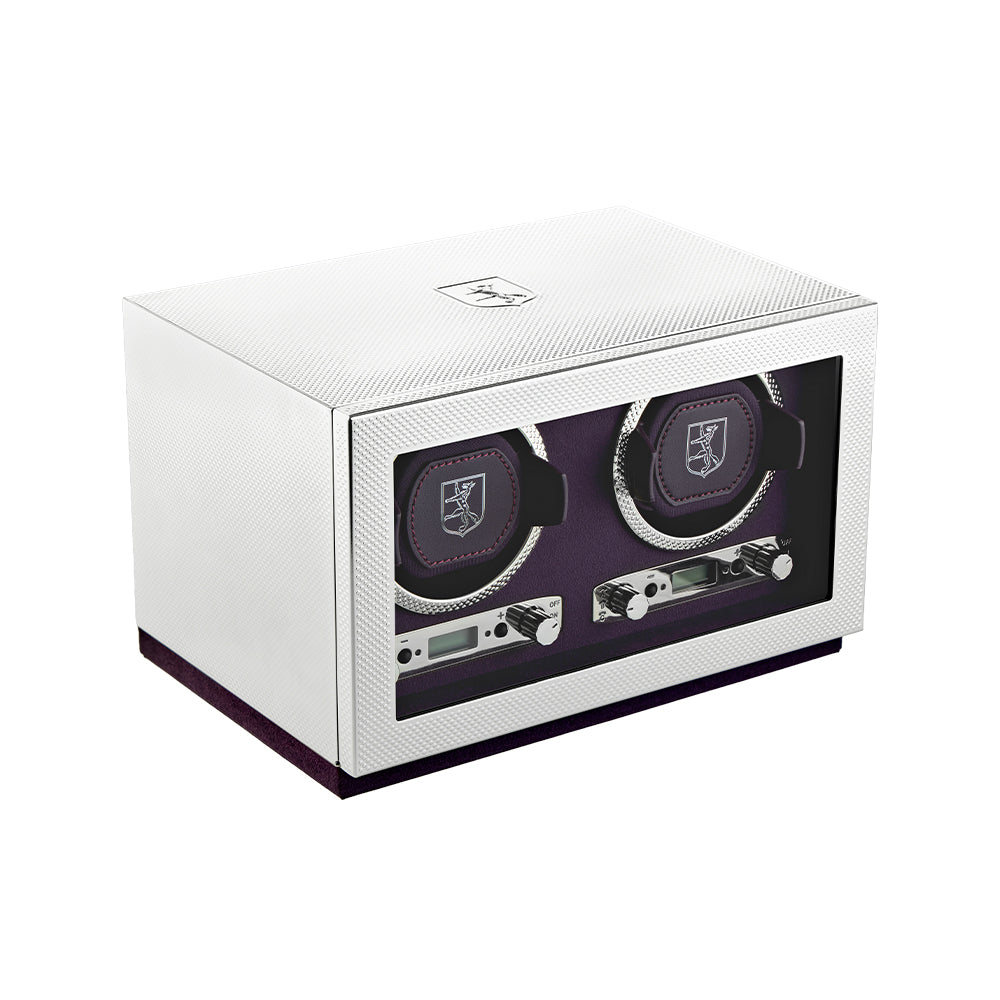 Wolf Silver Programmable Double Watch Winder 190004 with two winding slots, purple interior, engine-turned finish.