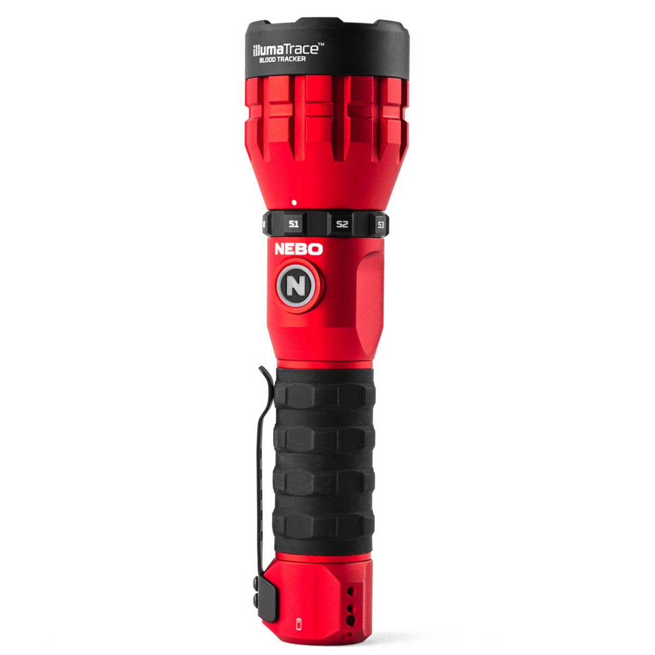 Red and black handheld flashlight with a textured grip.