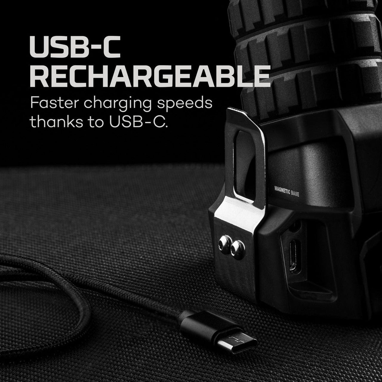 USB-C rechargeable device with a charging port and cable visible.