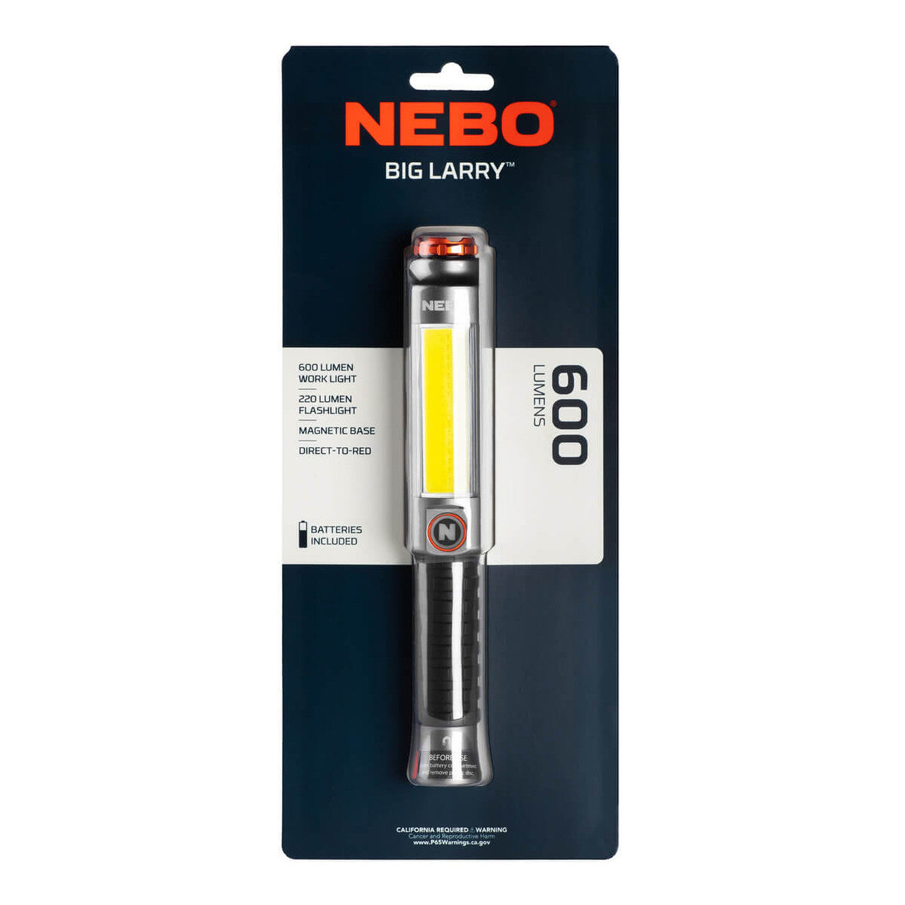 Handheld LED flashlight in retail packaging labeled ’NEBO BIG LARRY’.