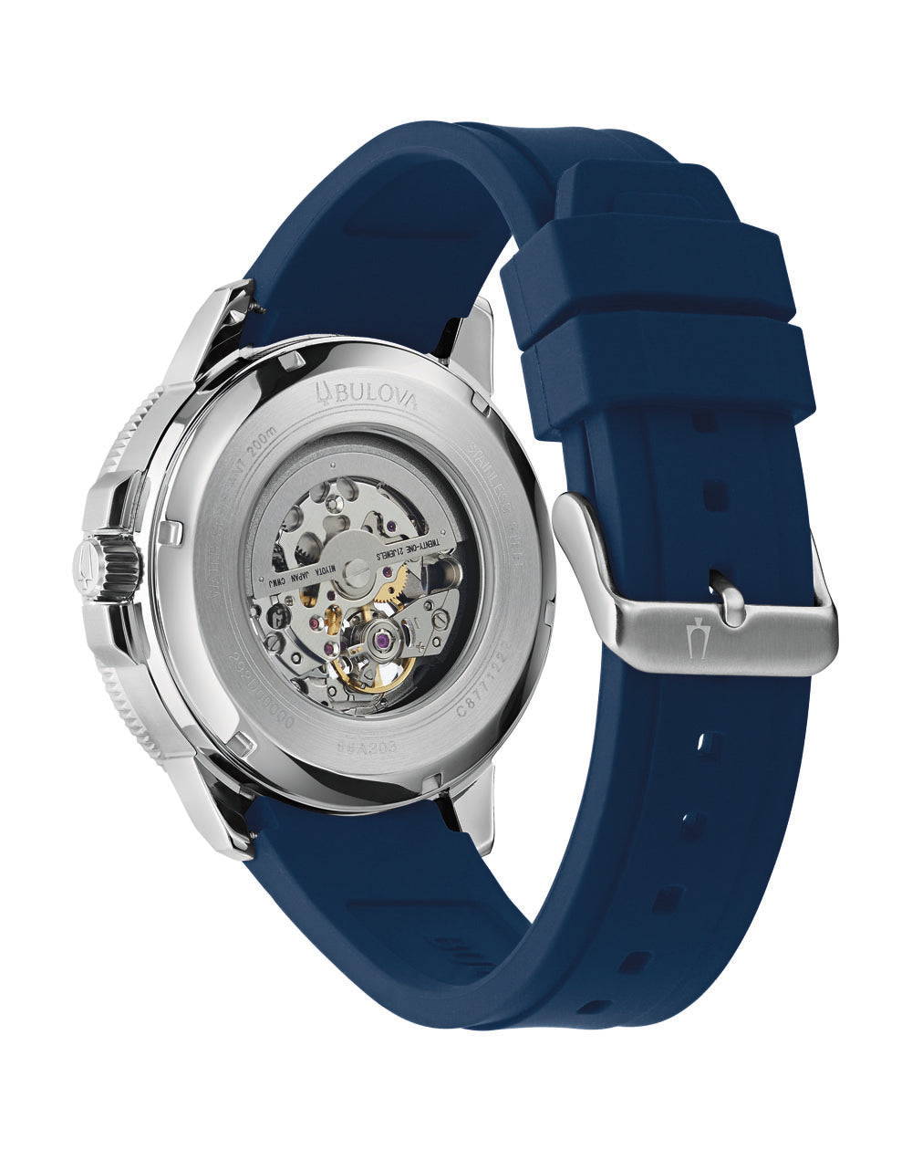 Wristwatch with a blue rubber strap and visible mechanical movement through the transparent case back.