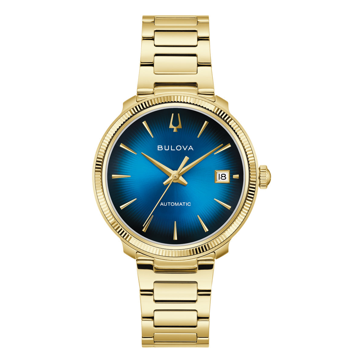 Bulova Disco 97B247 men's automatic watch with a graduated blue dial, fluted bezel and gold-tone stainless steel bracelet