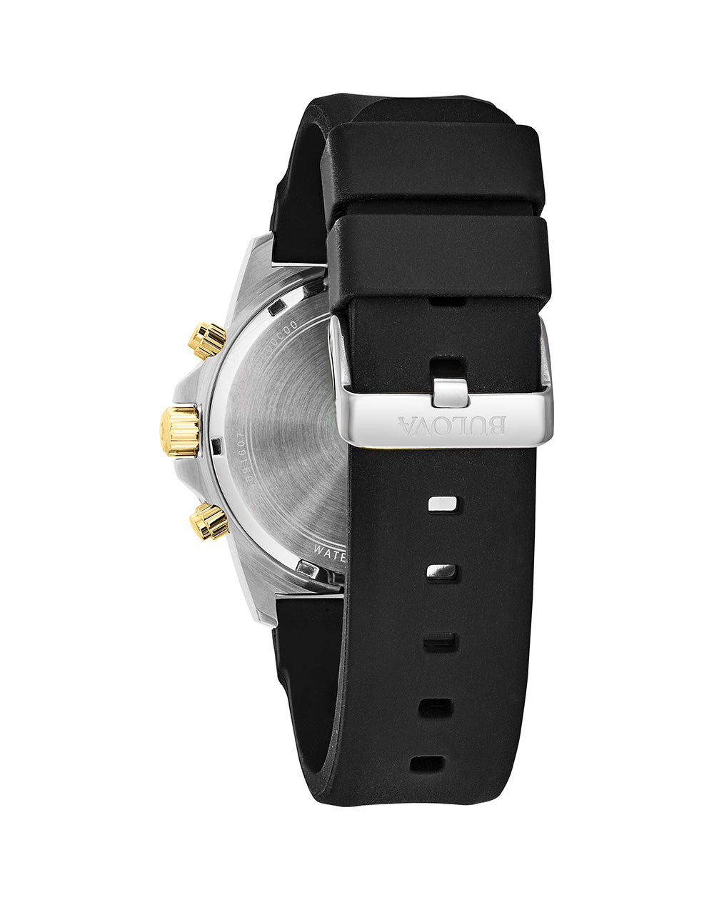 Black rubber watch strap with a silver buckle attached to a watch case.
