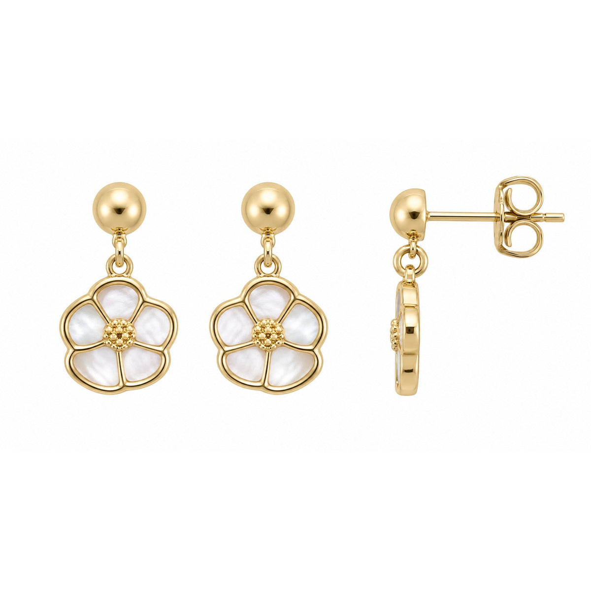 Fine Gold 9K Yellow Gold Mother of Pearl Flower Huggie Earrings 9YE1018 9YE1018 front packshot