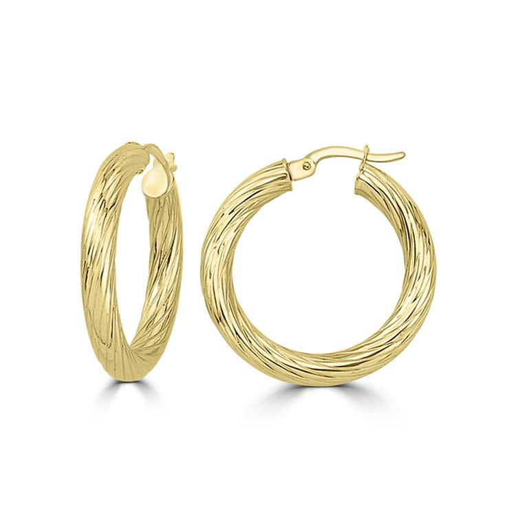 9K Yellow Gold Textured Hoop Earrings Lightweight Stylish Design