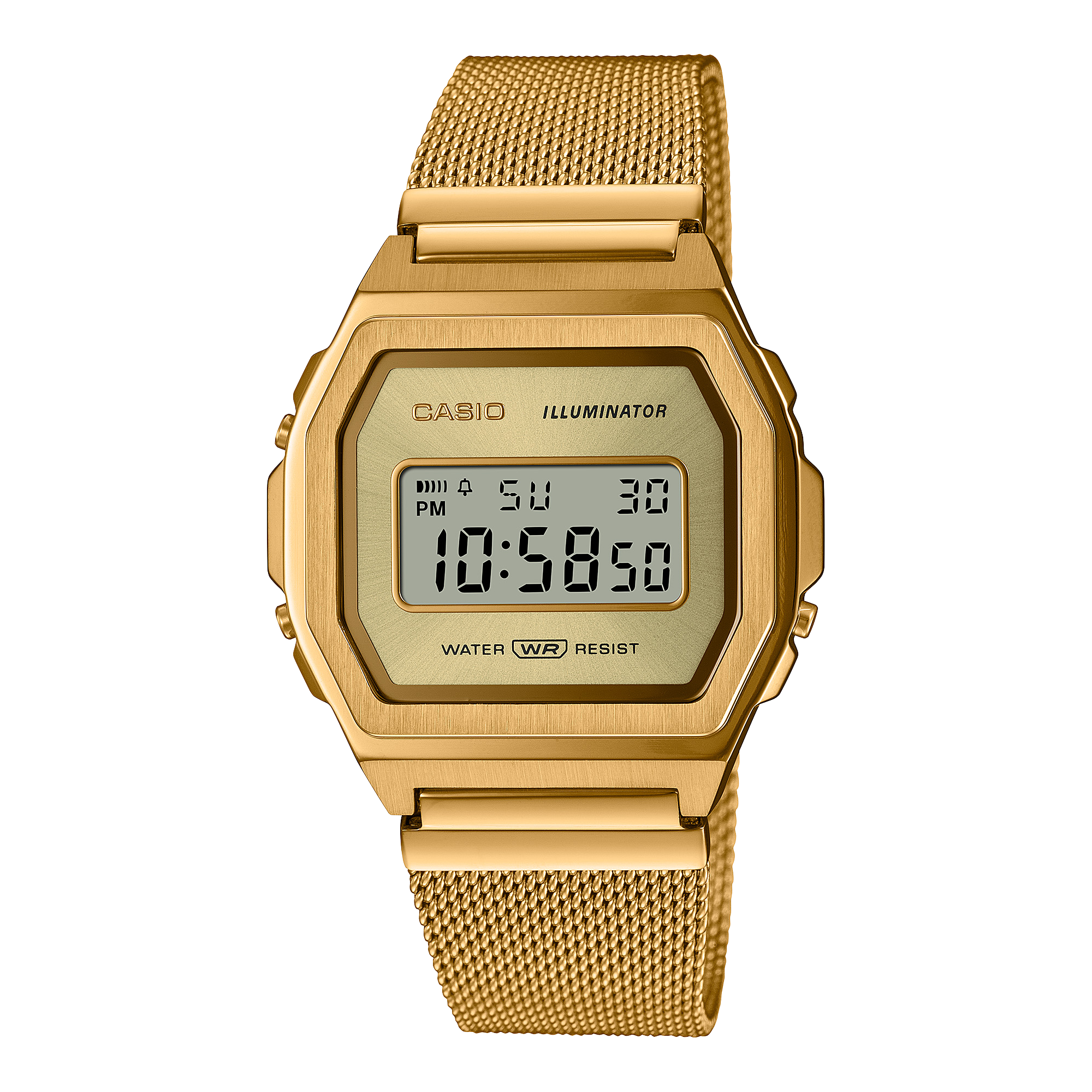 Gold-colored digital Casio watch with a mesh metal band and rectangular face displaying the time.