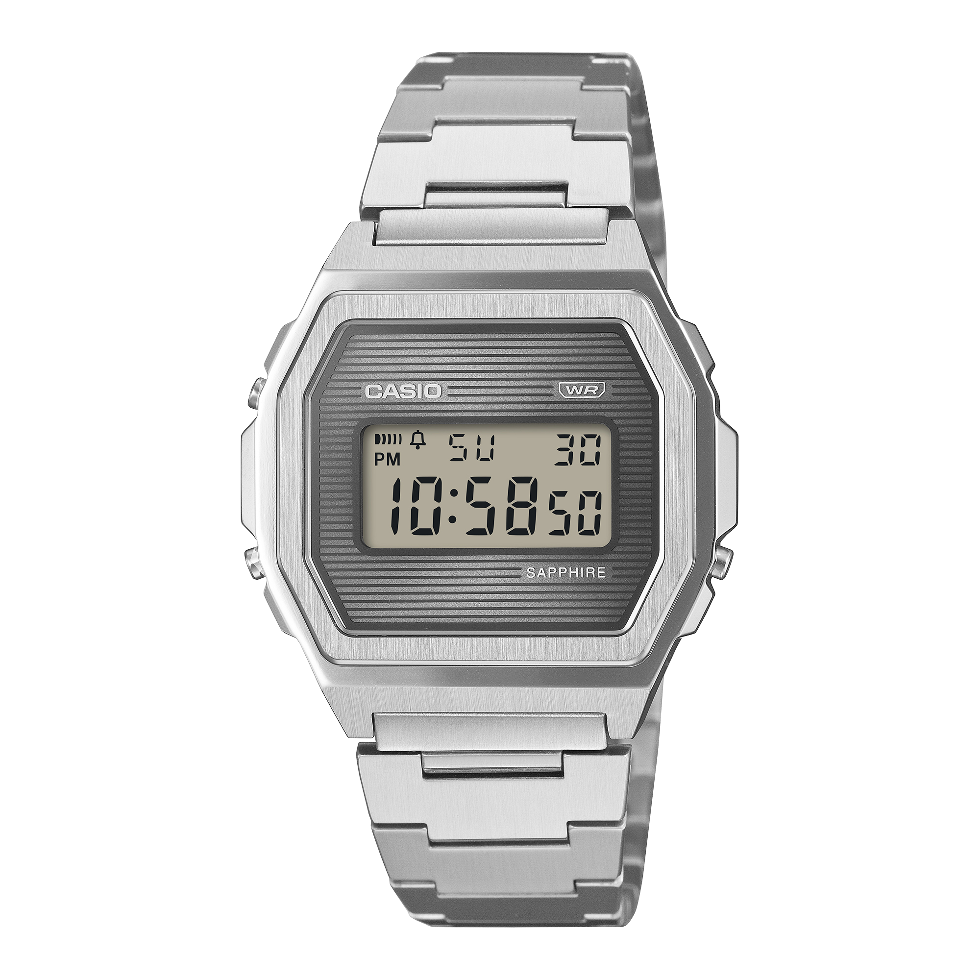 Casio Vintage A1000SP-7D full metal digital watch with sunray dial, shown straight on.