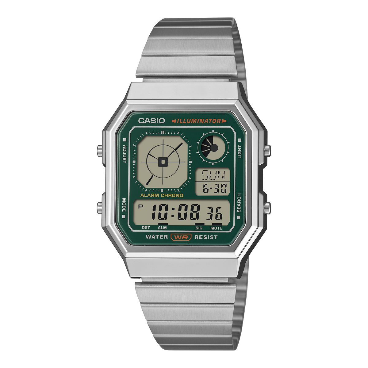 Casio Vintage A130WE-3A green digital watch on a stainless steel bracelet, shown straight on.