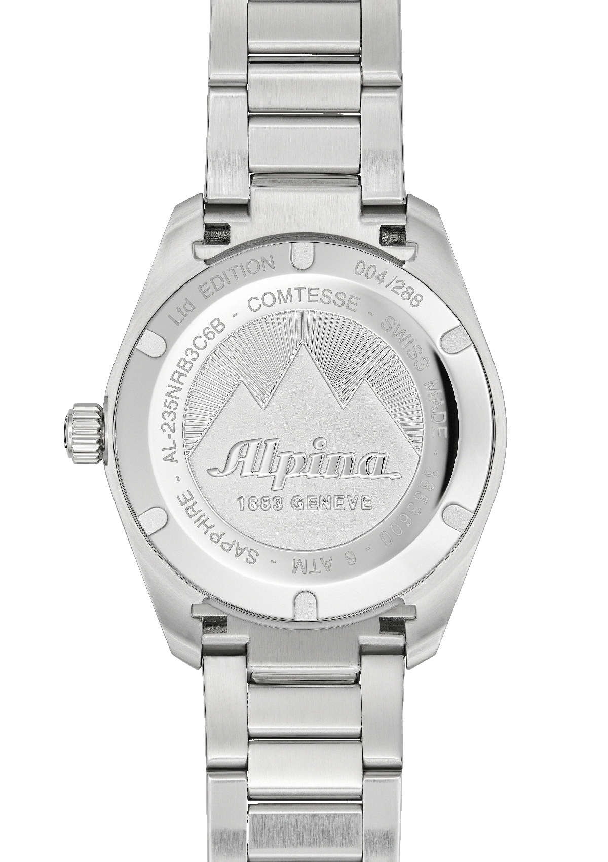 Silver wristwatch with a metal bracelet and engraved caseback featuring a mountain logo.