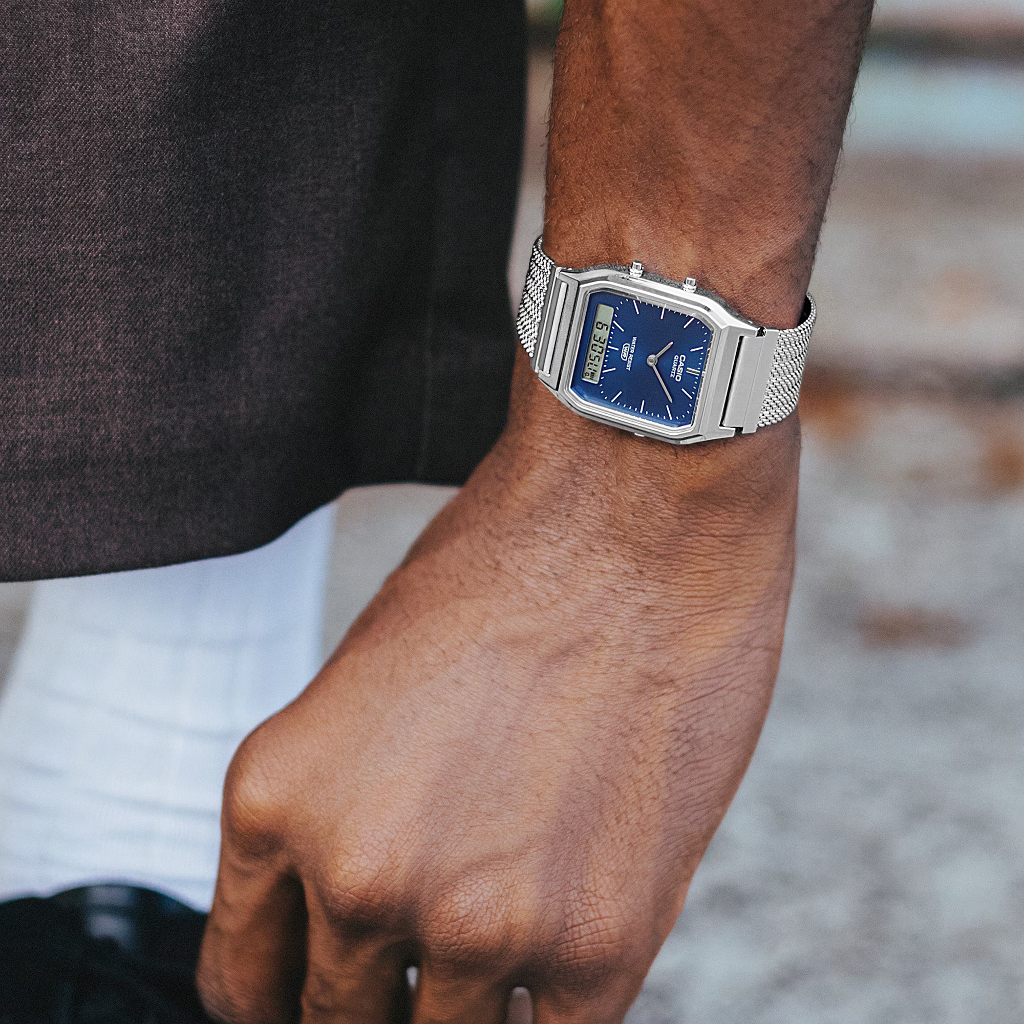 Casio Classic Vintage Stainless Steel Mesh Band Blue Dial Watch AQ230EM-2A