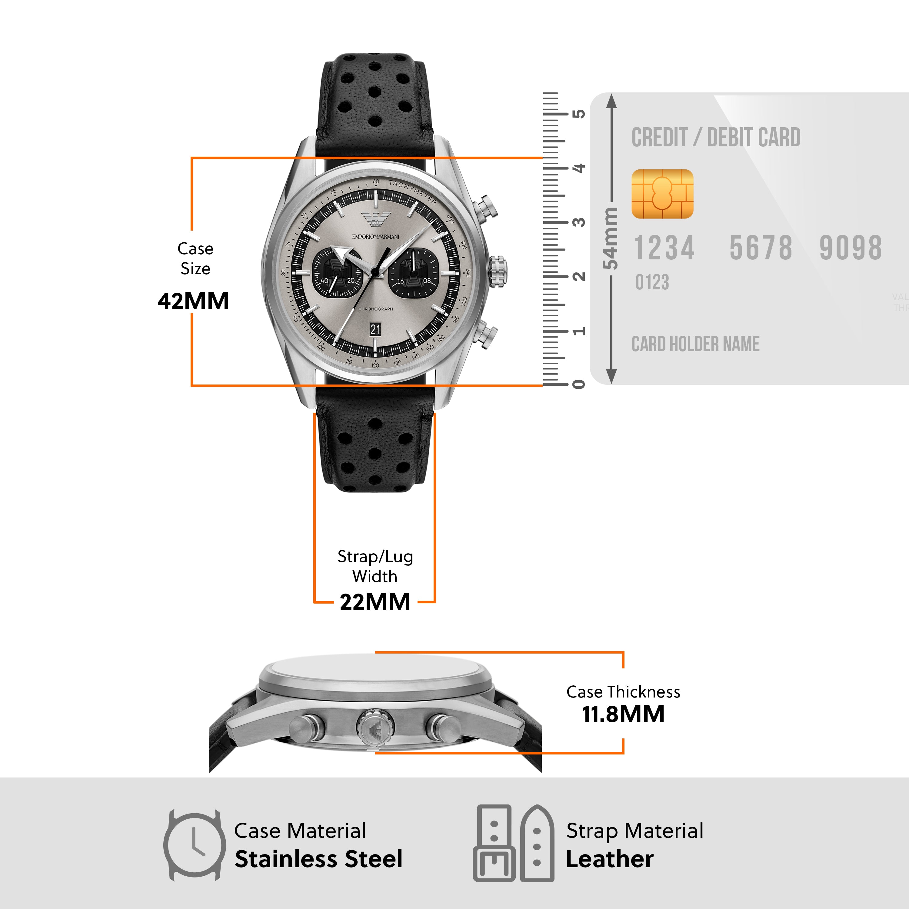 Emporio Armani Chronograph Silver Dial Black Leather Strap Watch AR11677