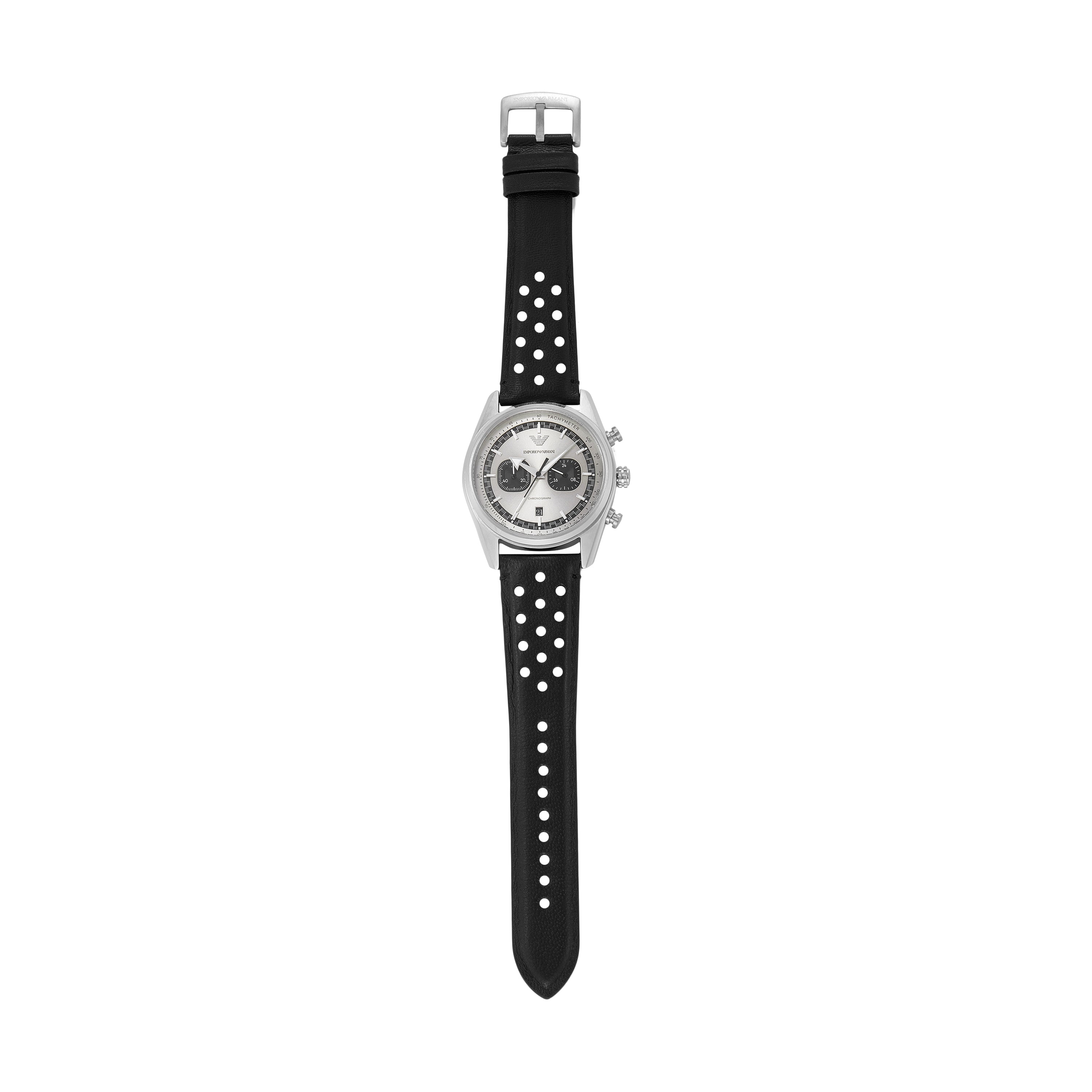 Emporio Armani Chronograph Silver Dial Black Leather Strap Watch AR11677