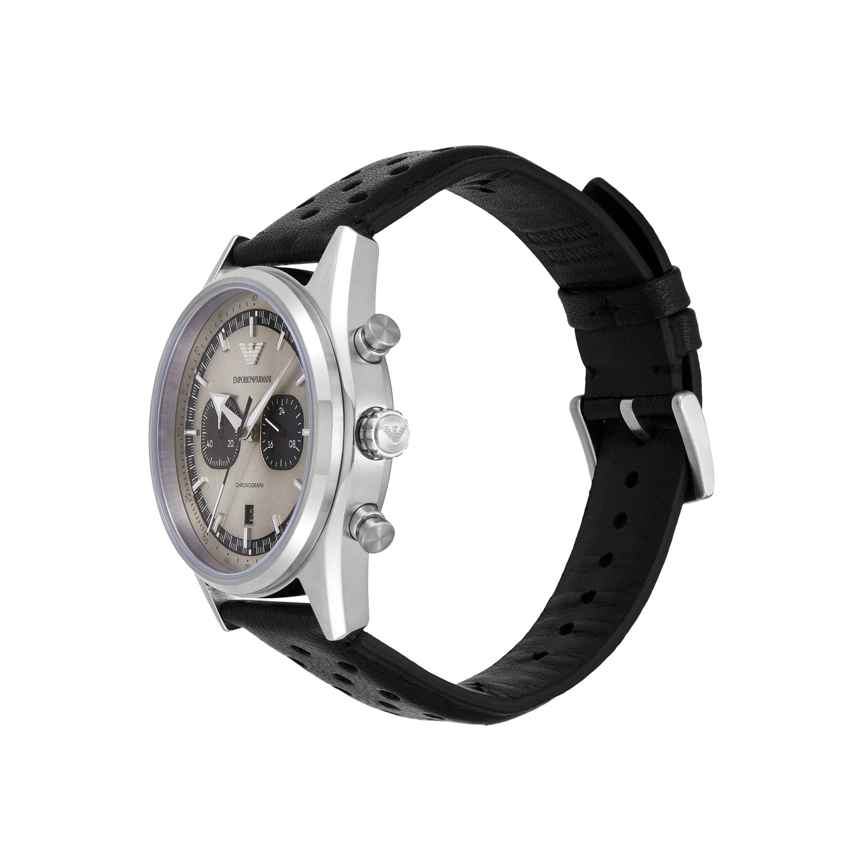 Emporio Armani Chronograph Silver Dial Black Leather Strap Watch AR11677