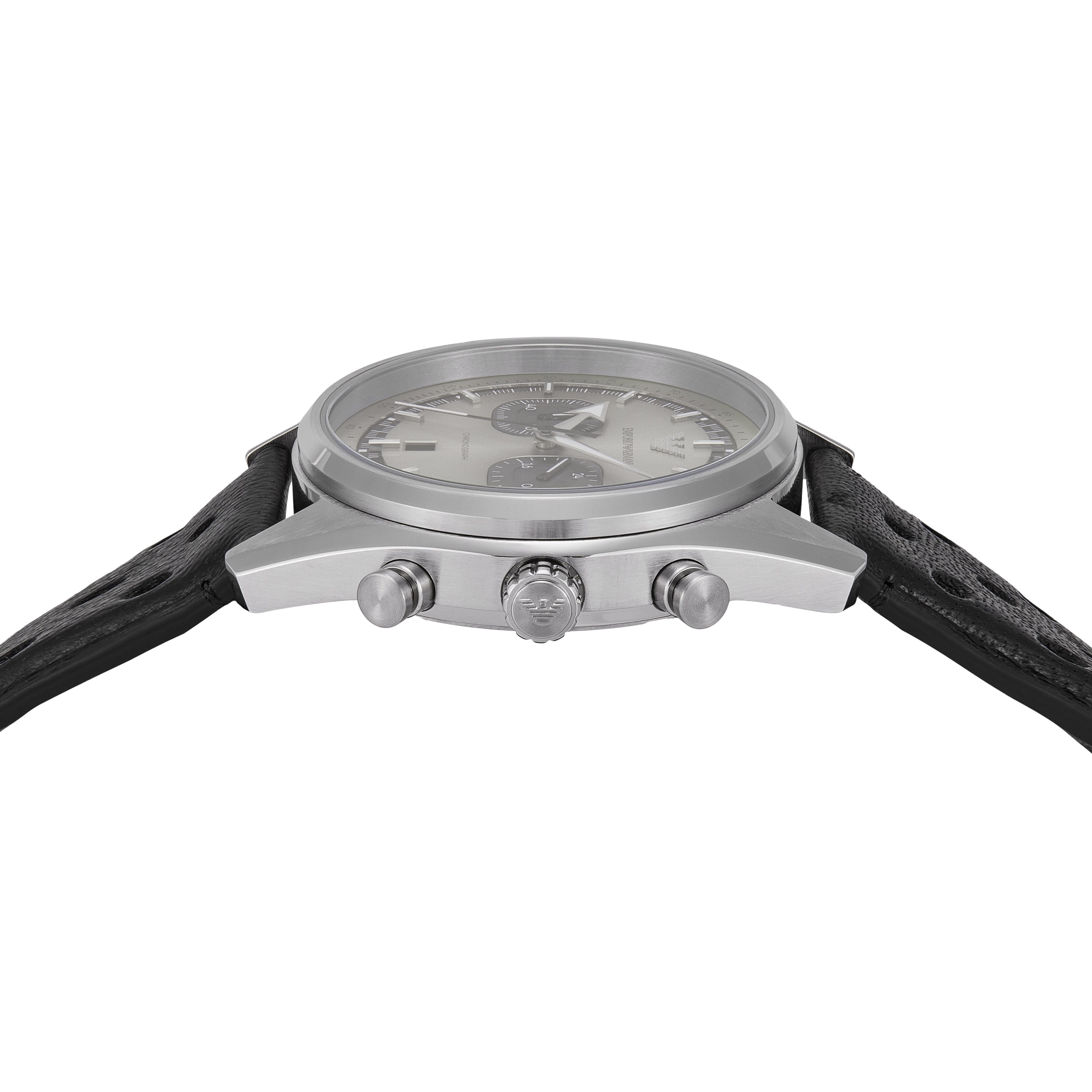 Emporio Armani Chronograph Silver Dial Black Leather Strap Watch AR11677