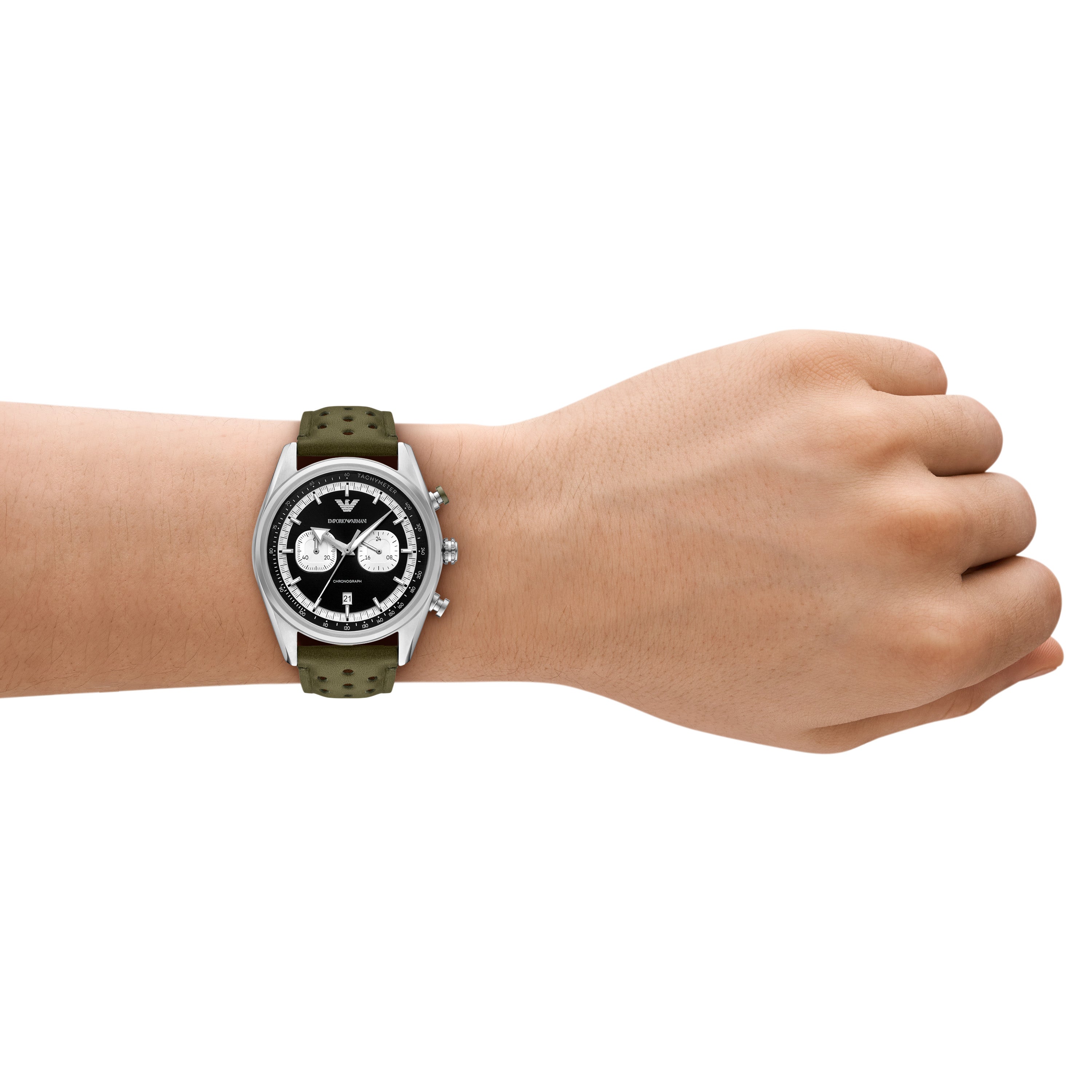 Armani Chronograph Green Leather Black Dial Watch AR11709