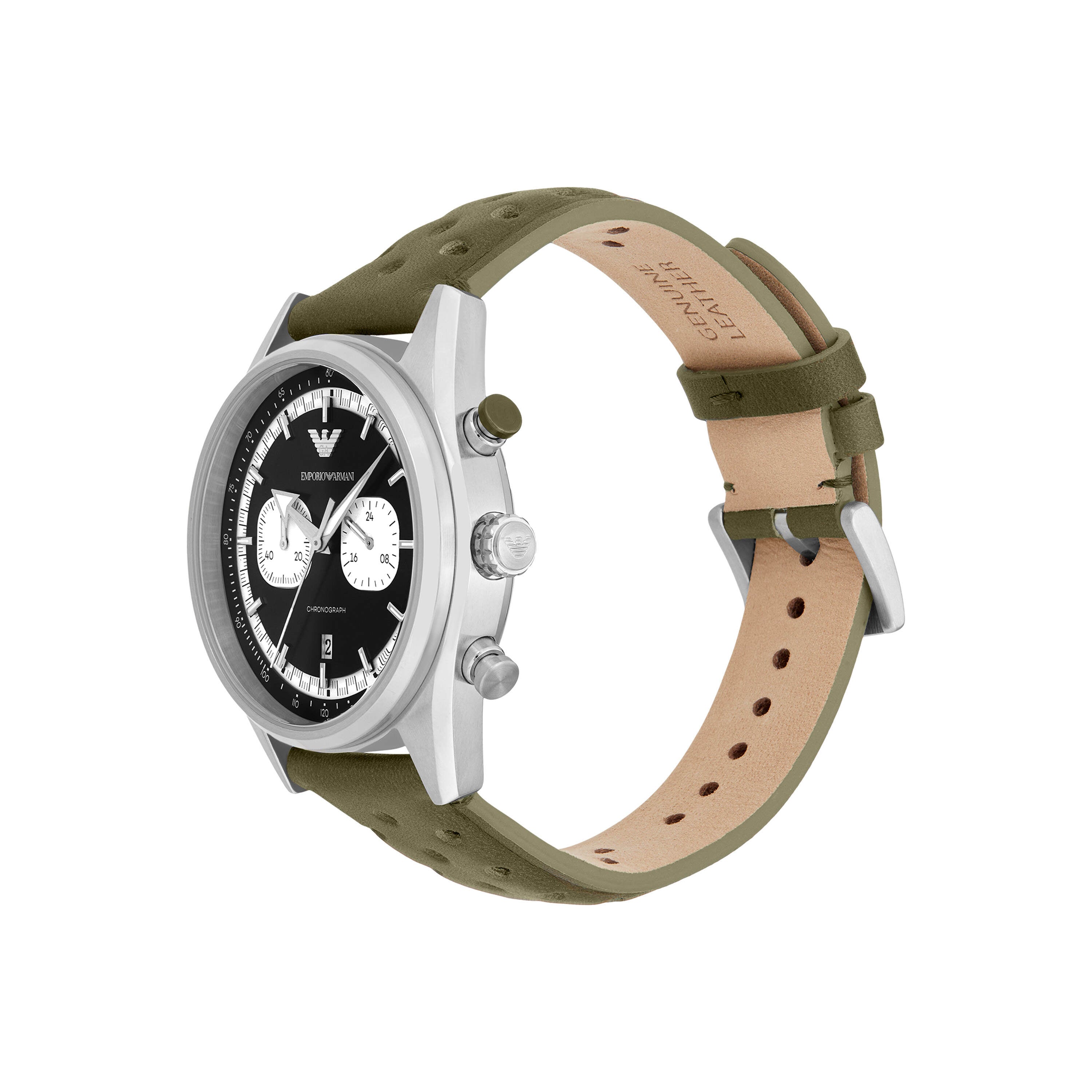 Armani Chronograph Green Leather Black Dial Watch AR11709