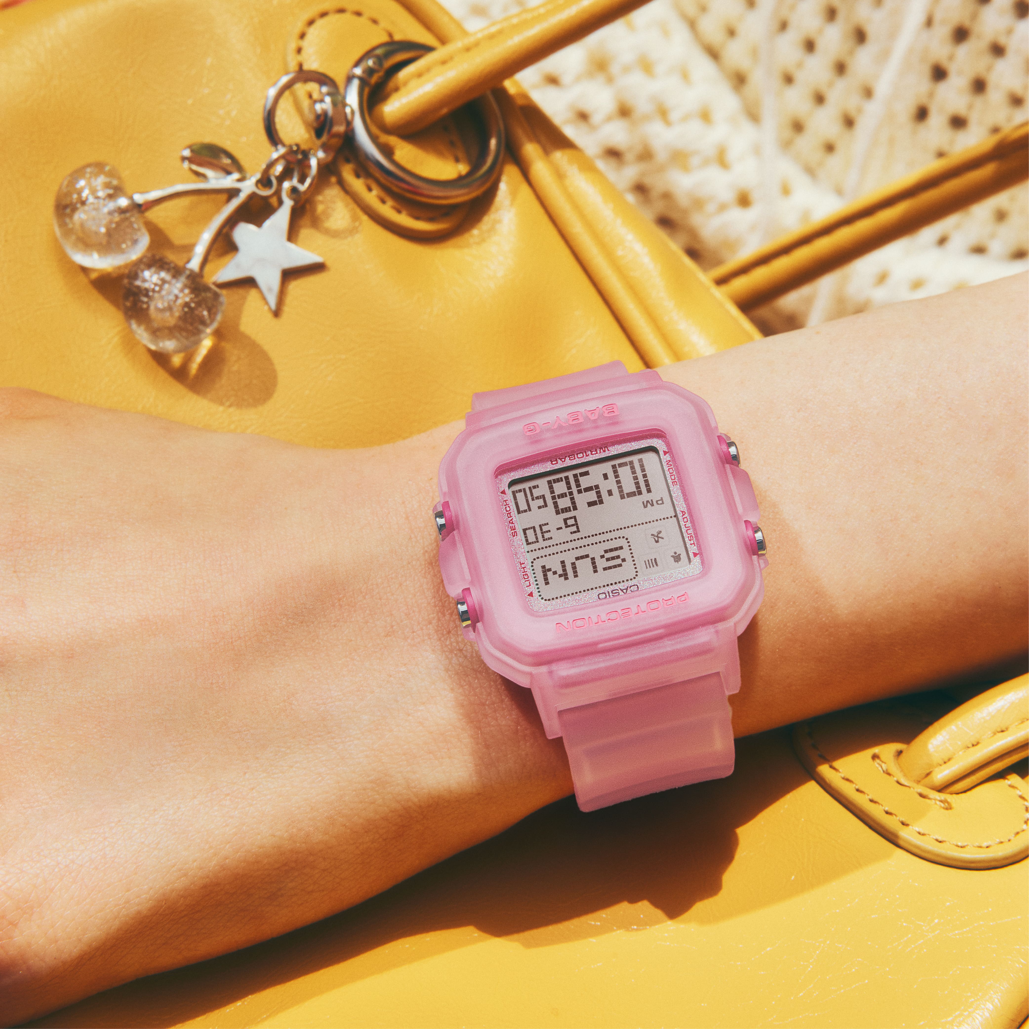 Baby-G +PLUS BGD10KG-4D pink watch worn on the wrist.