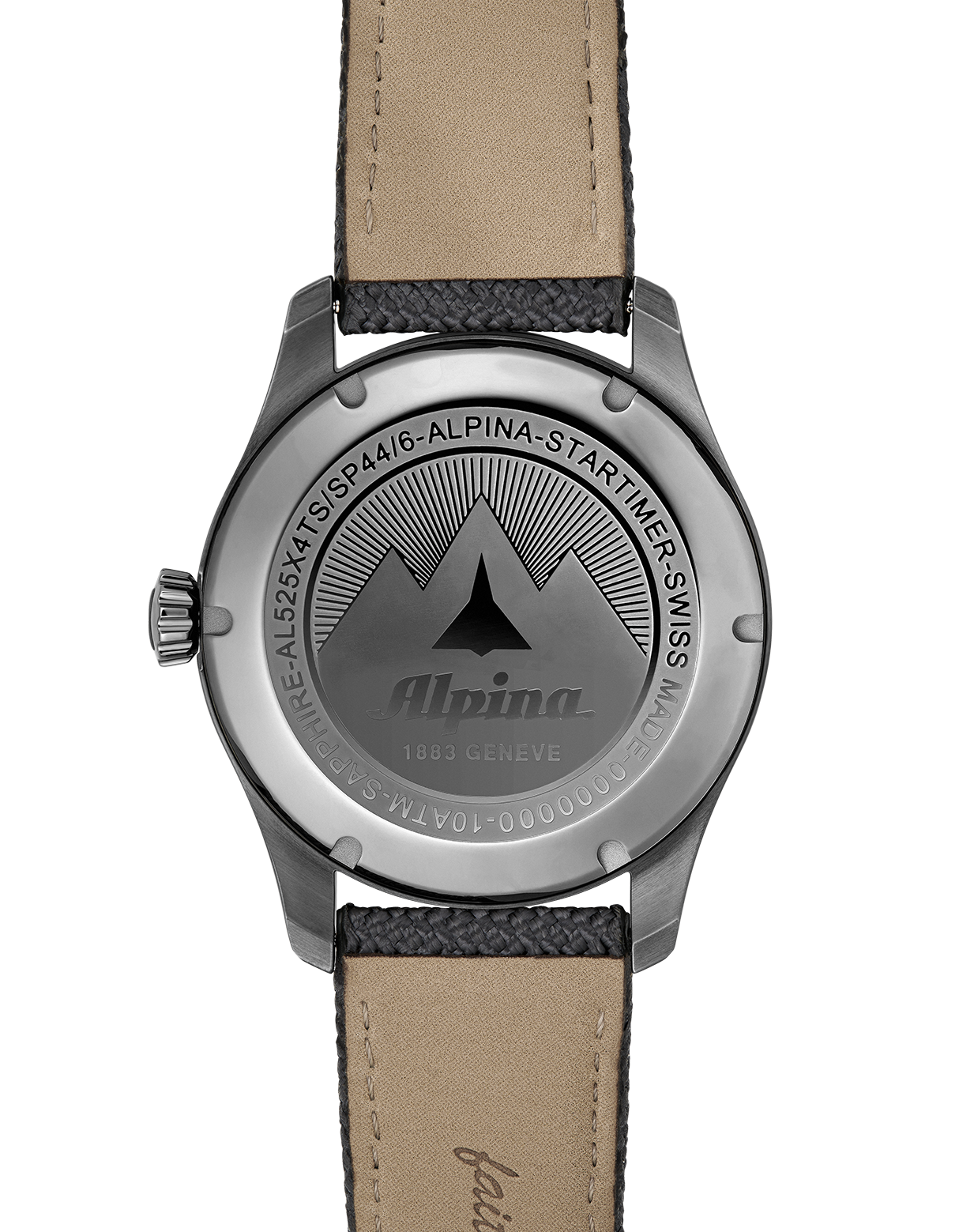 Back of a wristwatch with an engraved mountain logo and leather strap.