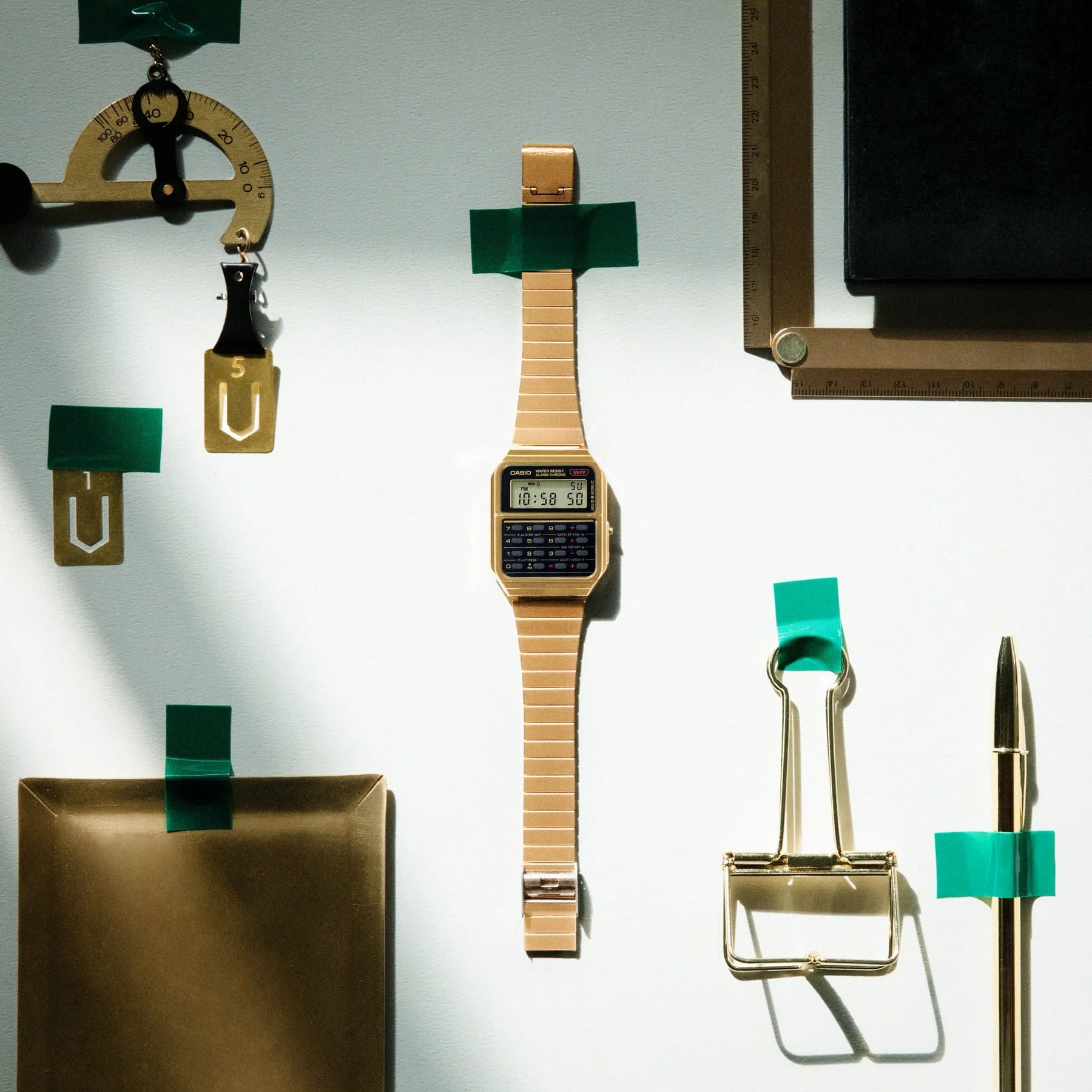 Casio Vintage Calculator Black Dial Gold Stainless Steel Band Watch CA500WEG-1A