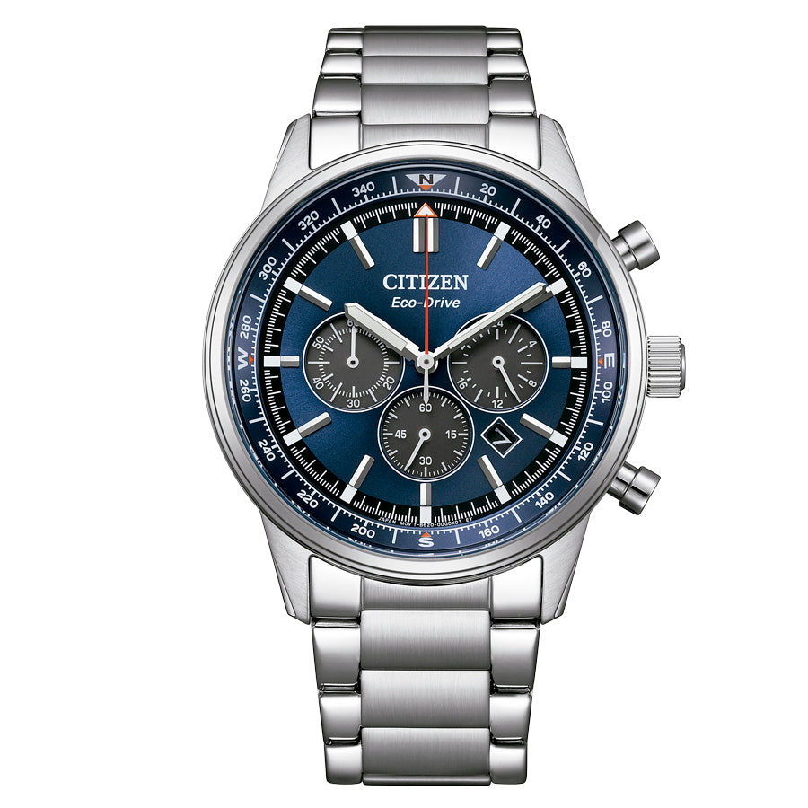 Citizen Chrono Pilot CA4720-52L men's watch blue dial silver stainless steel bracelet front view