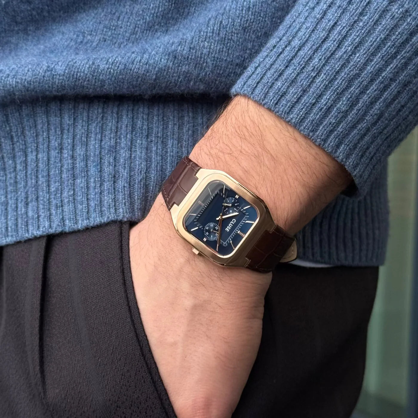 CLUSE Quadrus Multifunction Brown Leather Band Blue Dial Rose Gold Men's Watch CW26204