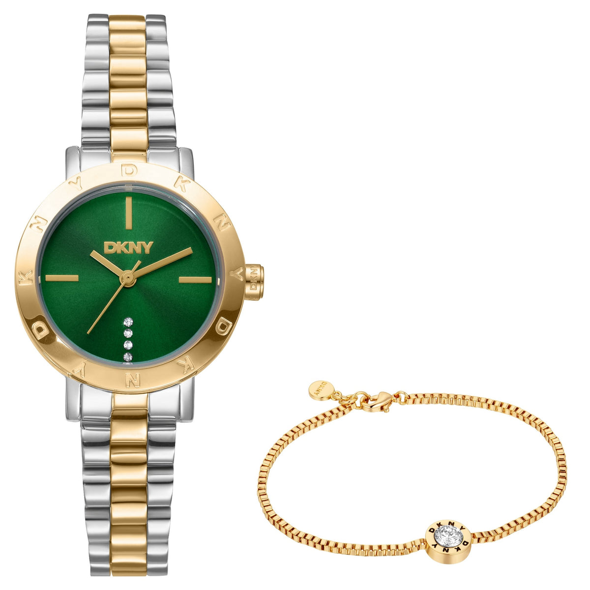 DKNY Essentials Two-Tone 28mm Green Dial Womens Watch + Gold Bracelet DK1L165M0095