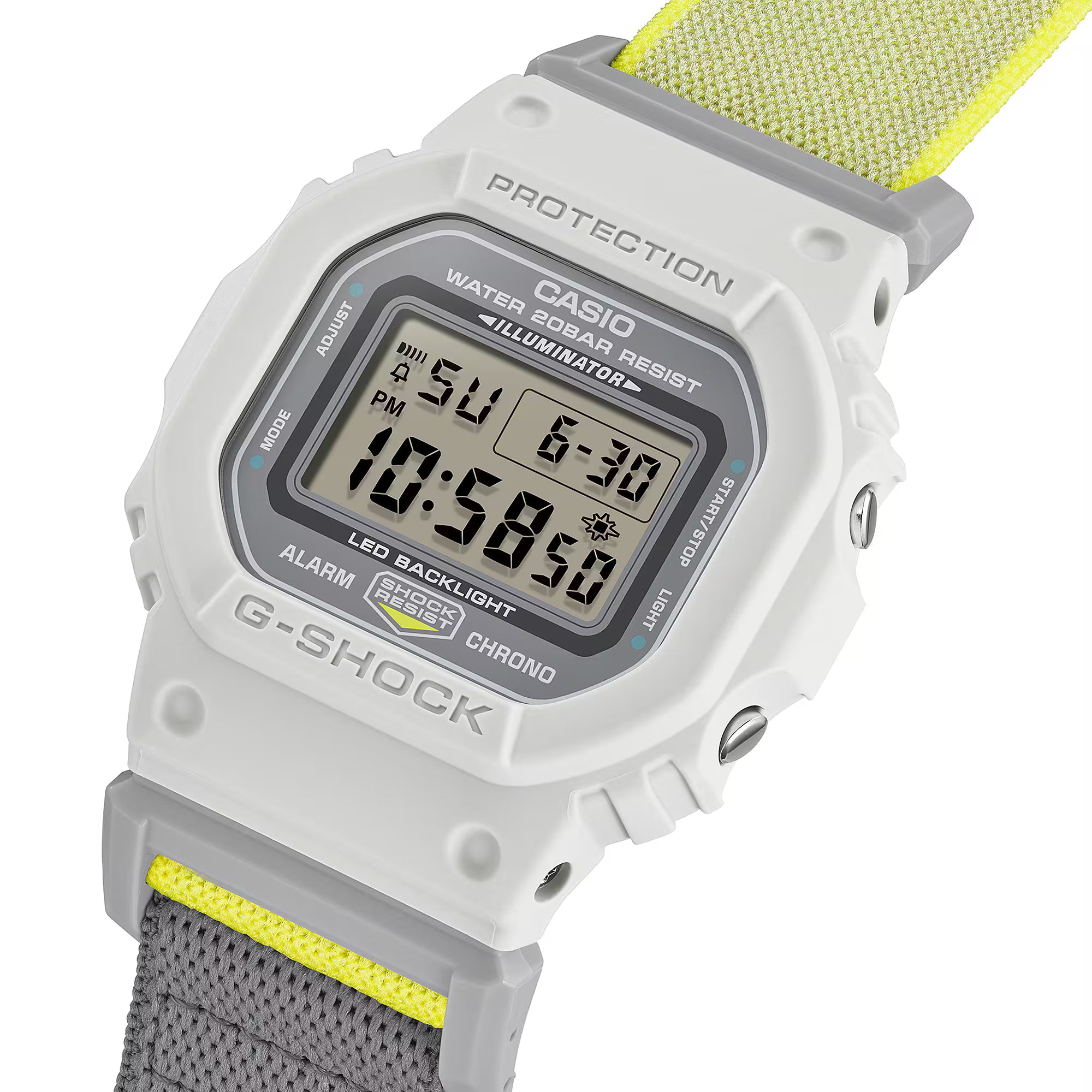 G-Shock Digital White and Yellow Nylon FIDLOCK Clasp Band Watch DW5600MNC-7A8