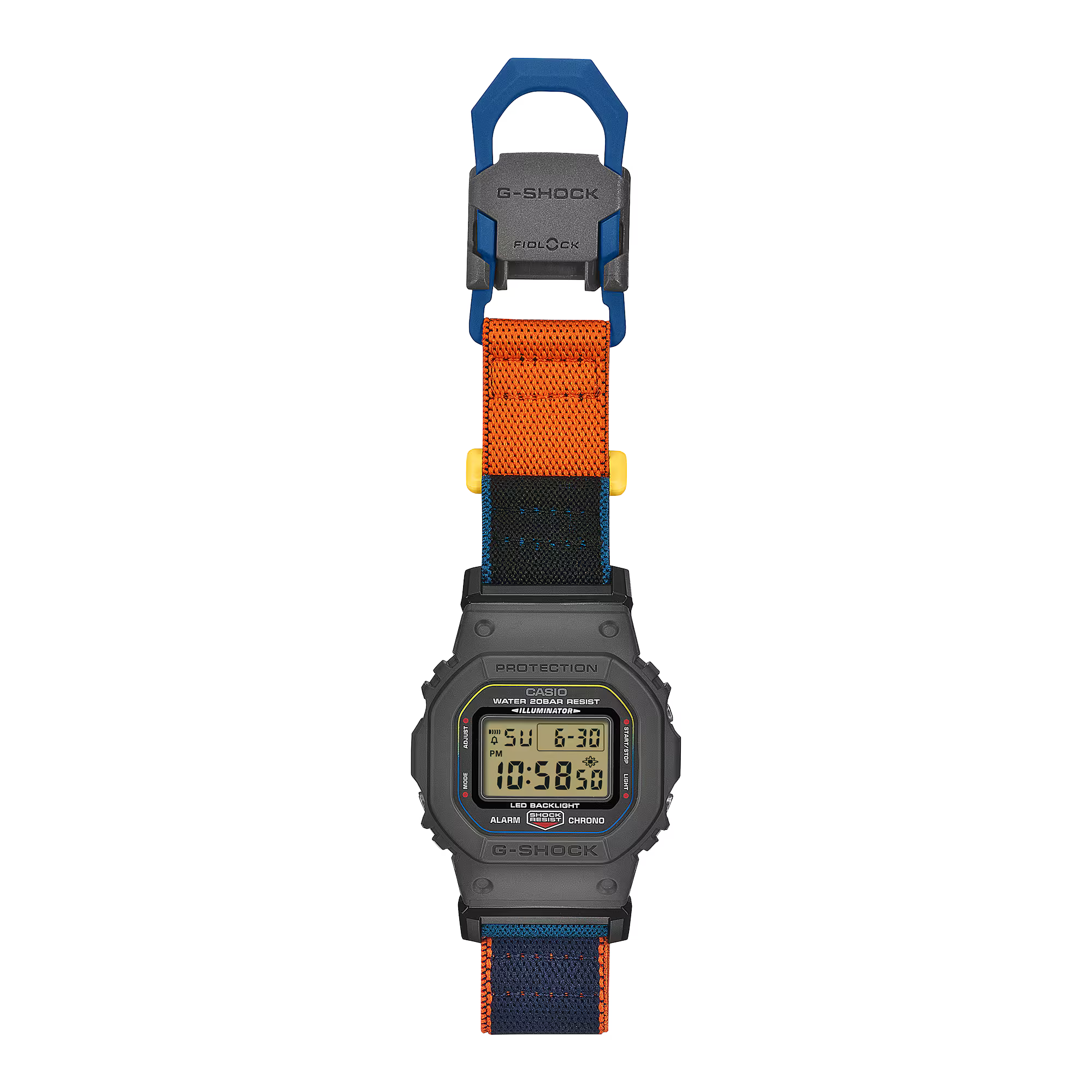 G-Shock Digital Black Case Multi Colour Band Nylon FIDLOCK Clasp Band Watch DW5600MNC-8A2