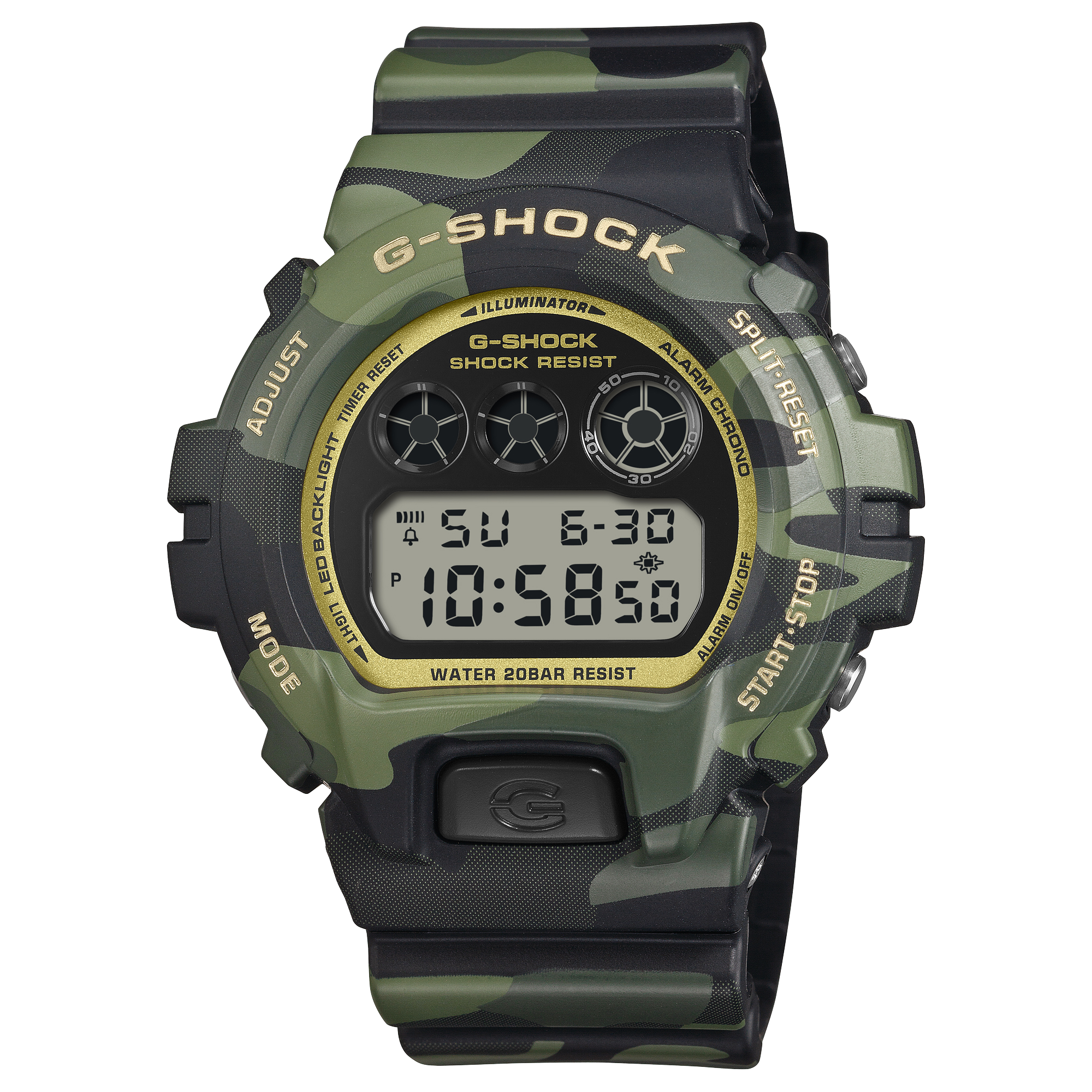G-Shock DW6900CMG-3D Bold Camo digital watch on a camouflage resin band, shown straight on.