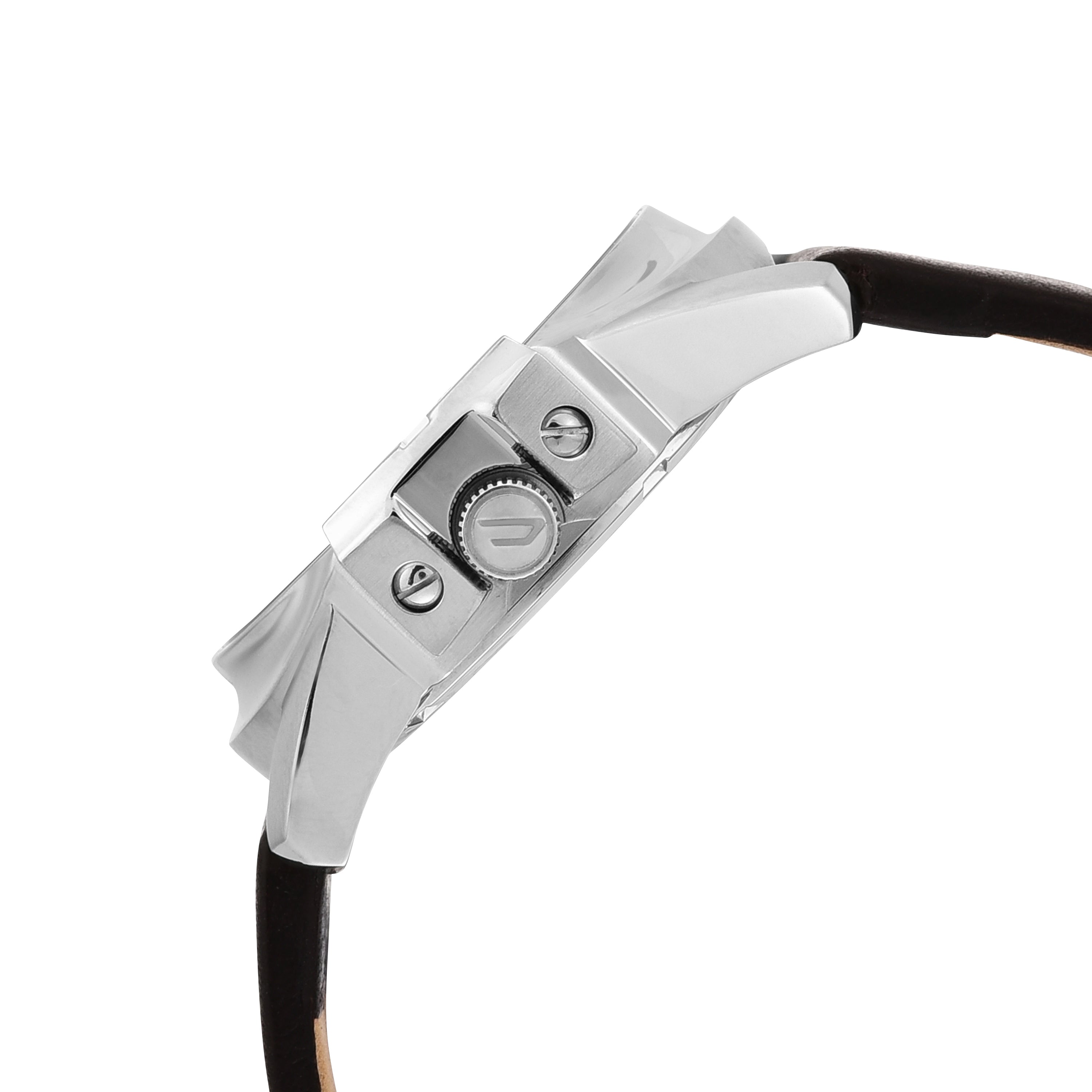 Side view of a white wristwatch with a black band and visible crown.
