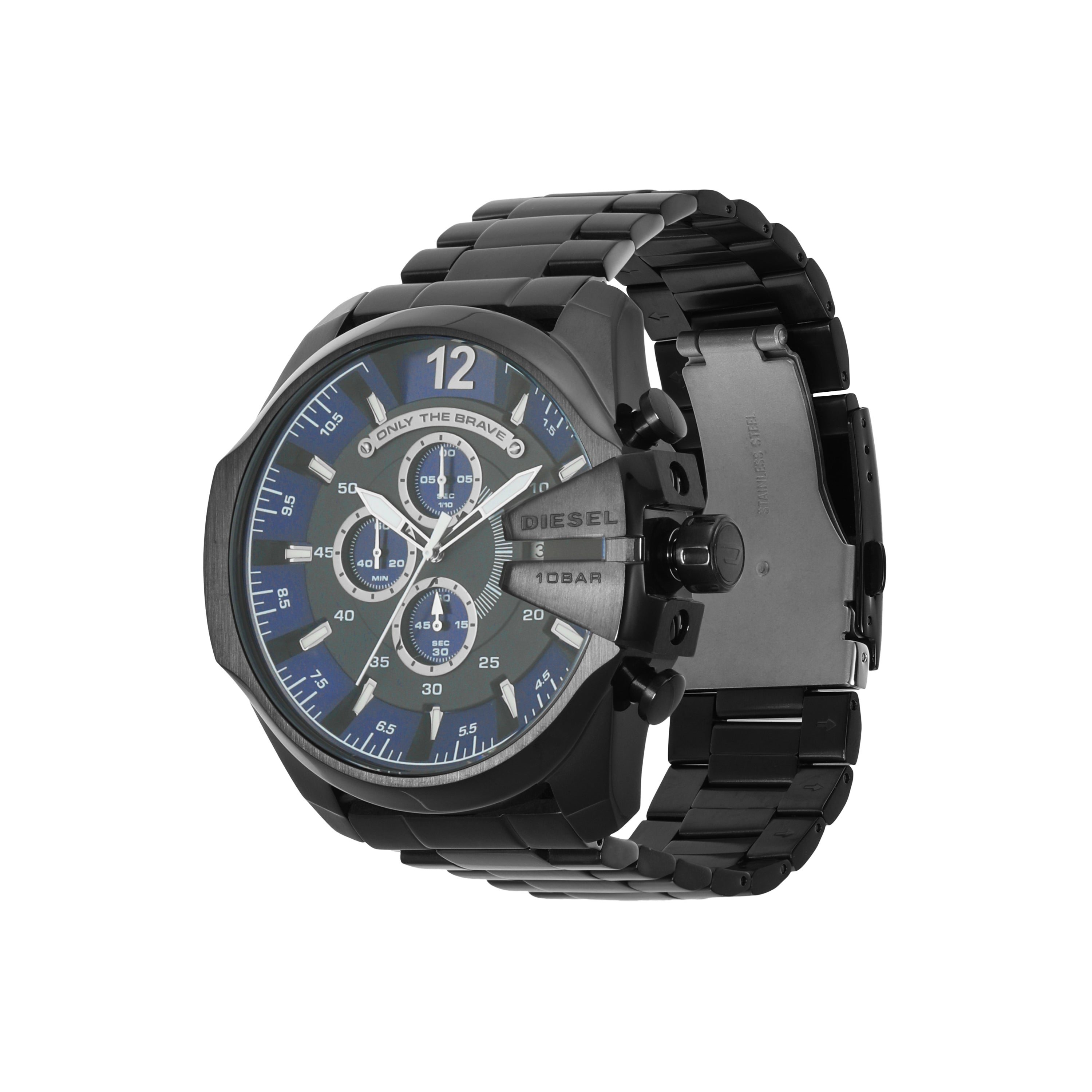 Black metal wristwatch with a blue-accented chronograph dial and chunky design.