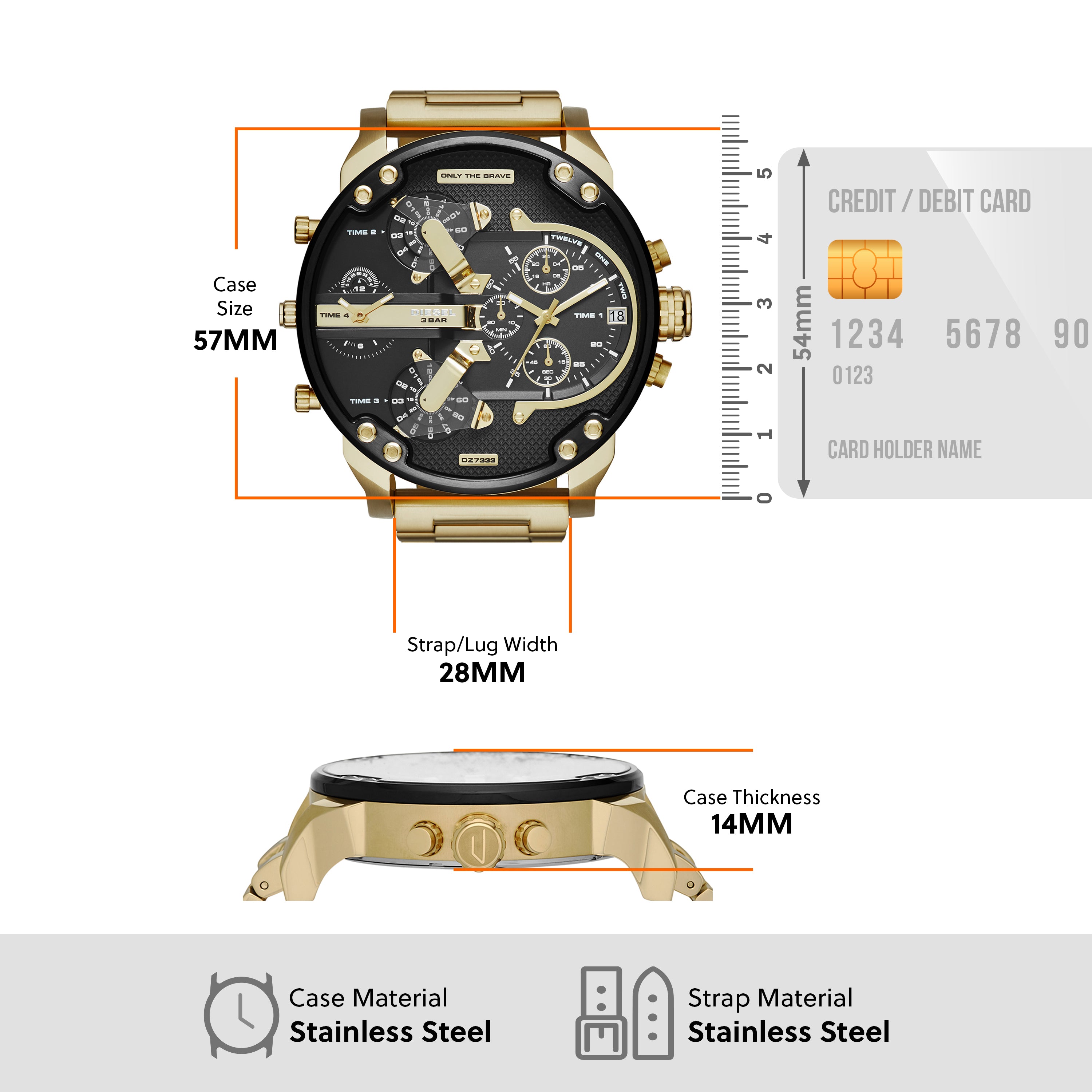 Gold-toned oversized men’s wristwatch with a complex multi-dial face and metal bracelet.