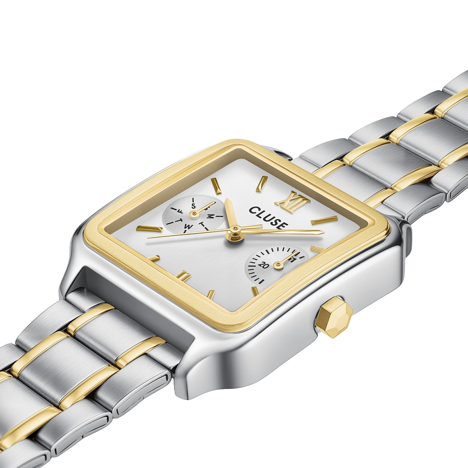 CLUSE Gracieuse Multifunction watch, white dial, two tone stainless steel strap CW16402, angled view