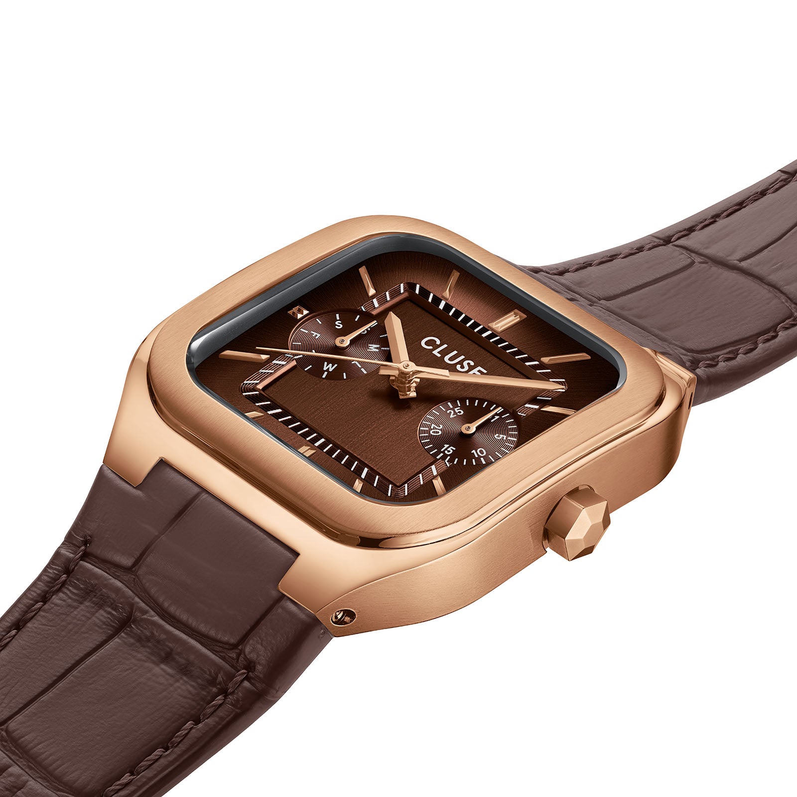 CLUSE Quadrus Multifunction watch, brown dial, brown leather strap CW26206, angled view