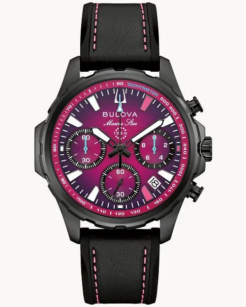 Bulova Marine Star E1 Team Miami 98B476 chronograph men's watch with magenta ombre purple dial and black rubber strap — front view