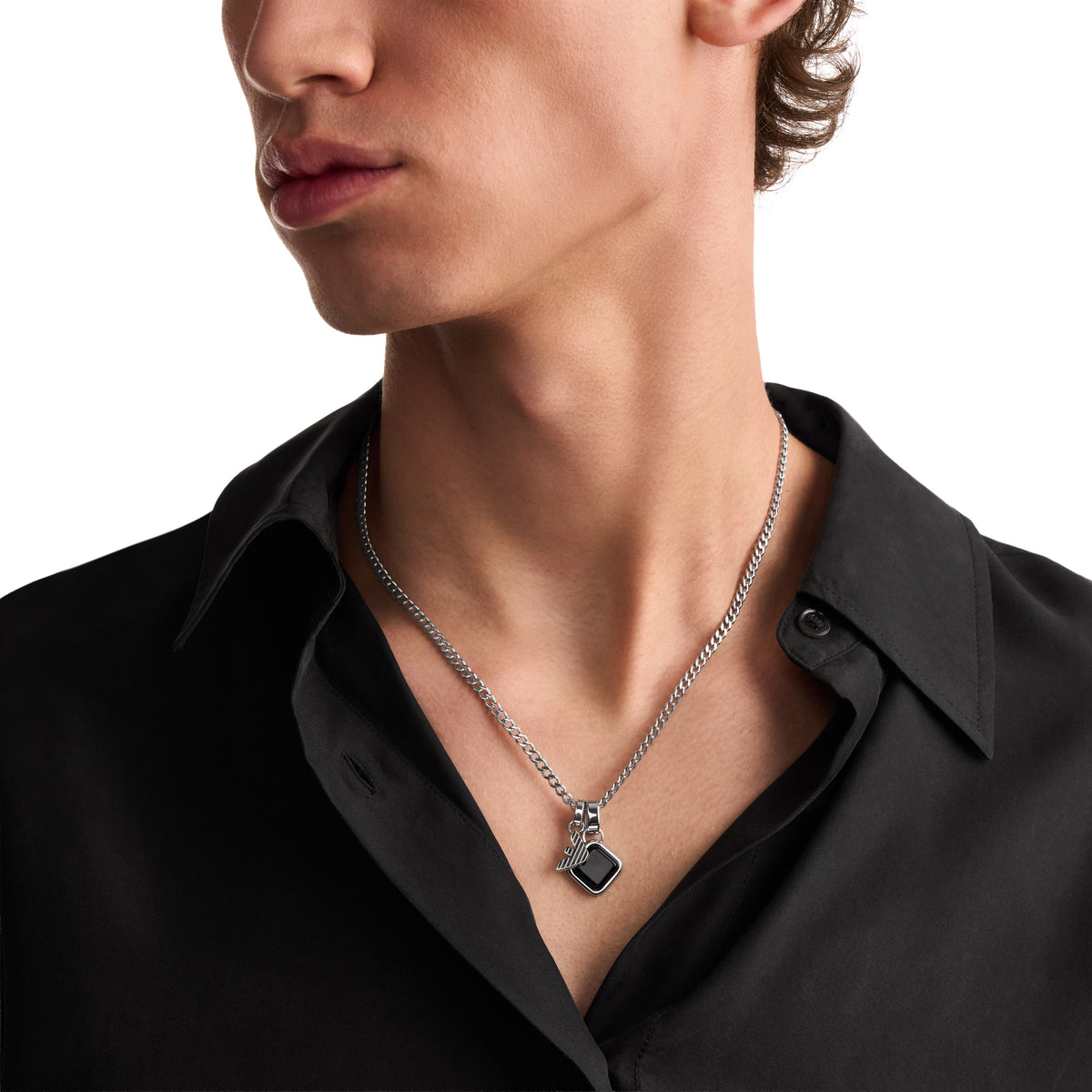 Emporio Armani Onyx Pendant Necklace EGS3387040 worn