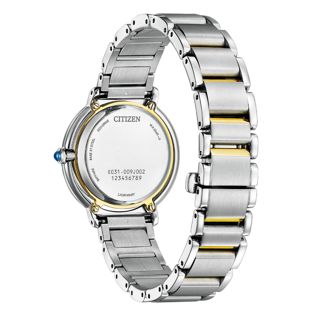 Citizen L Arising EM1104-83D women's watch mother of pearl dial two tone stainless steel bracelet case back