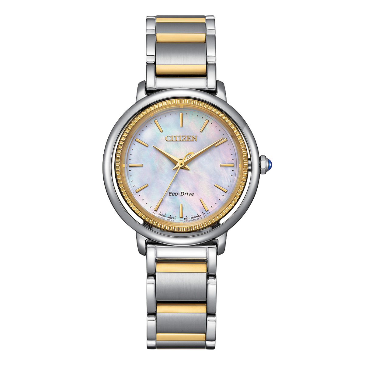 Citizen L Arising EM1104-83D women's watch mother of pearl dial two tone stainless steel bracelet front view