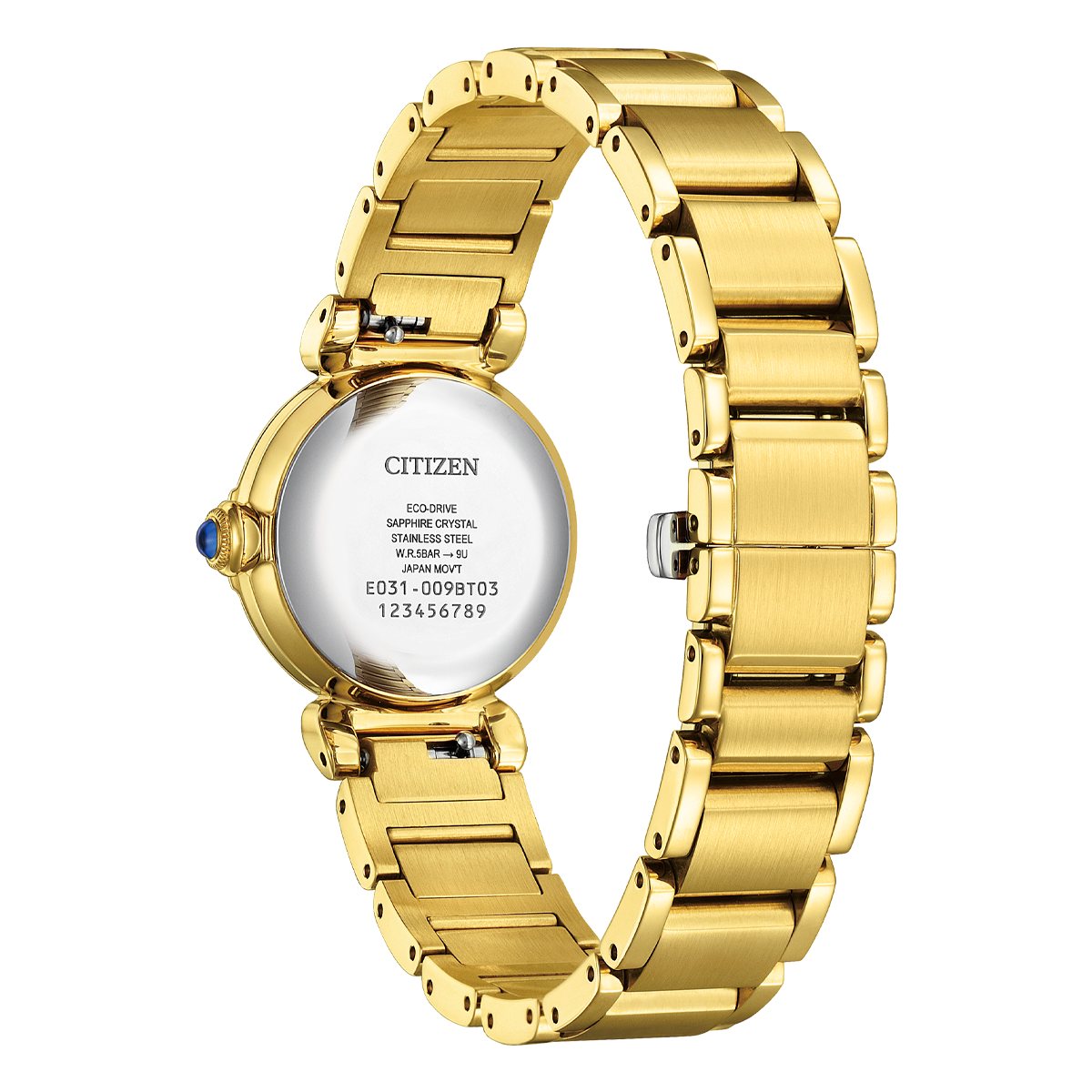 Citizen L May Bells EM1132-88H women's watch black dial gold tone stainless steel bracelet case back