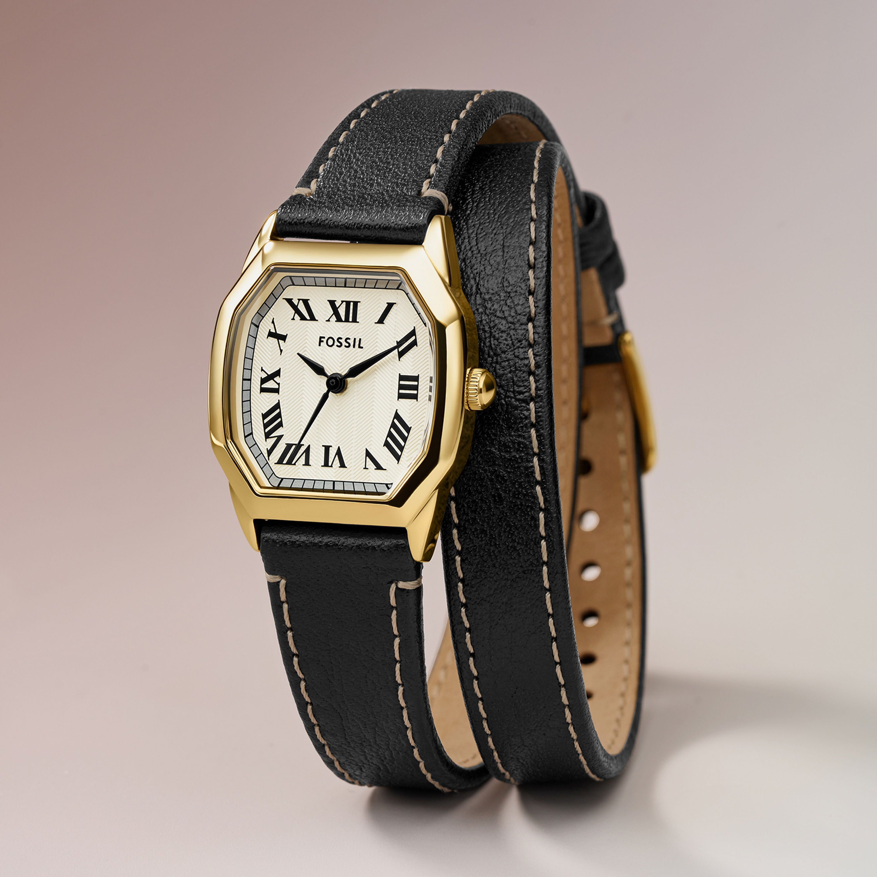 Fossil Harlow Three-Hand Black Leather Strap Watch ES5404