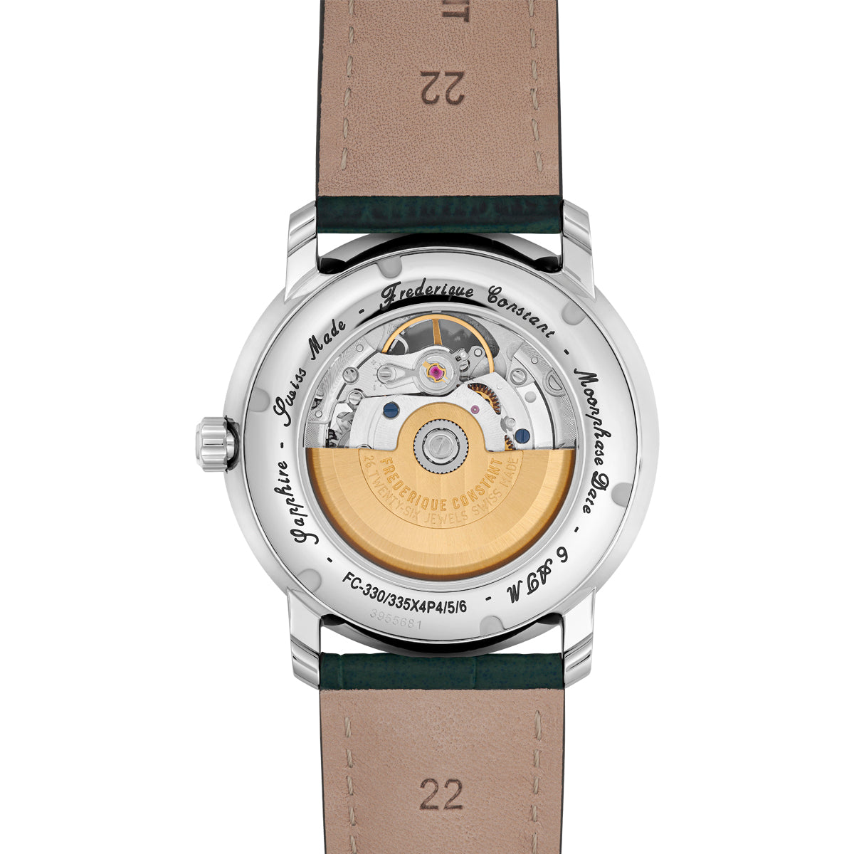 Back of a luxury wristwatch with visible mechanical movement through a transparent case back.