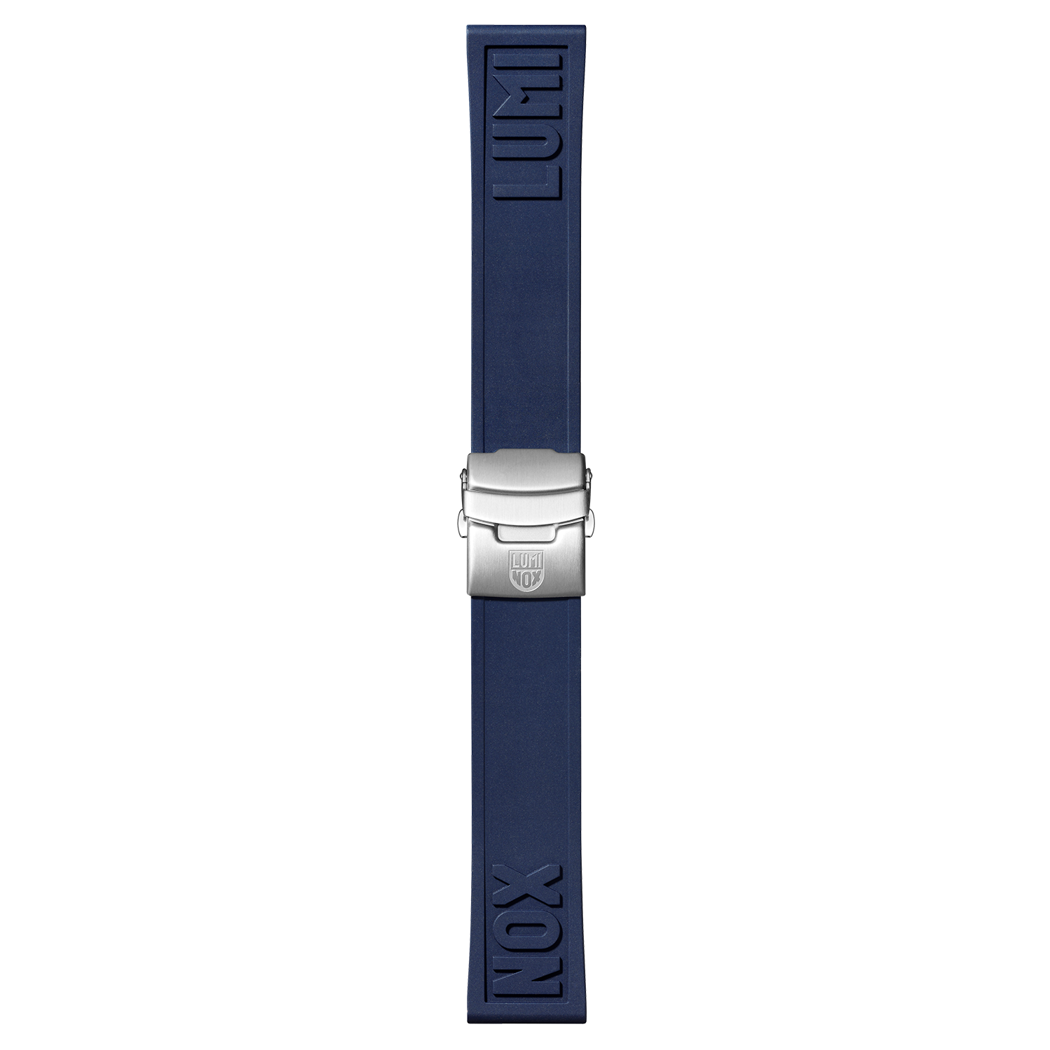 Navy blue rubber or silicone watch strap with a silver-toned metal clasp.