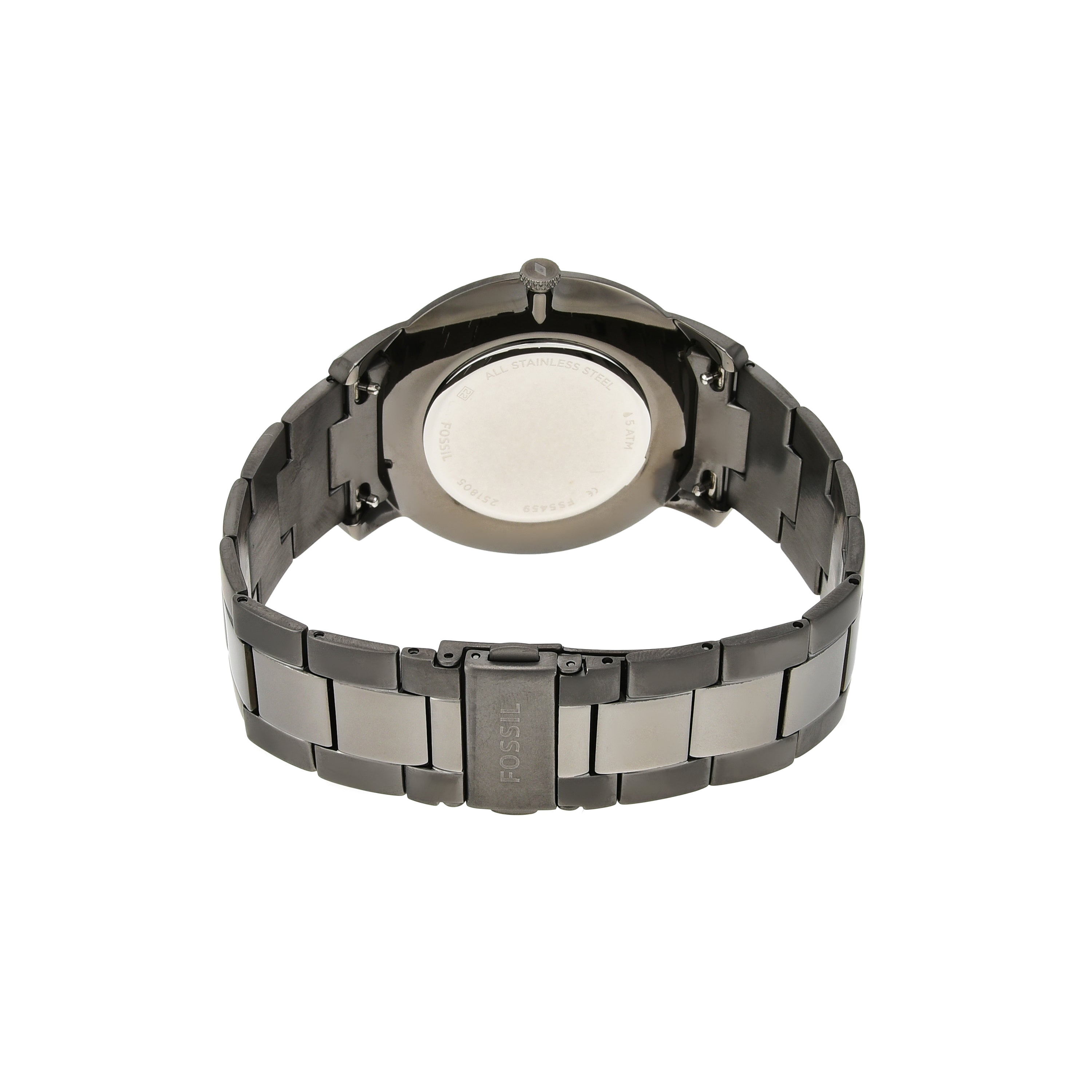 Metal wristwatch band or bracelet with a gunmetal finish.