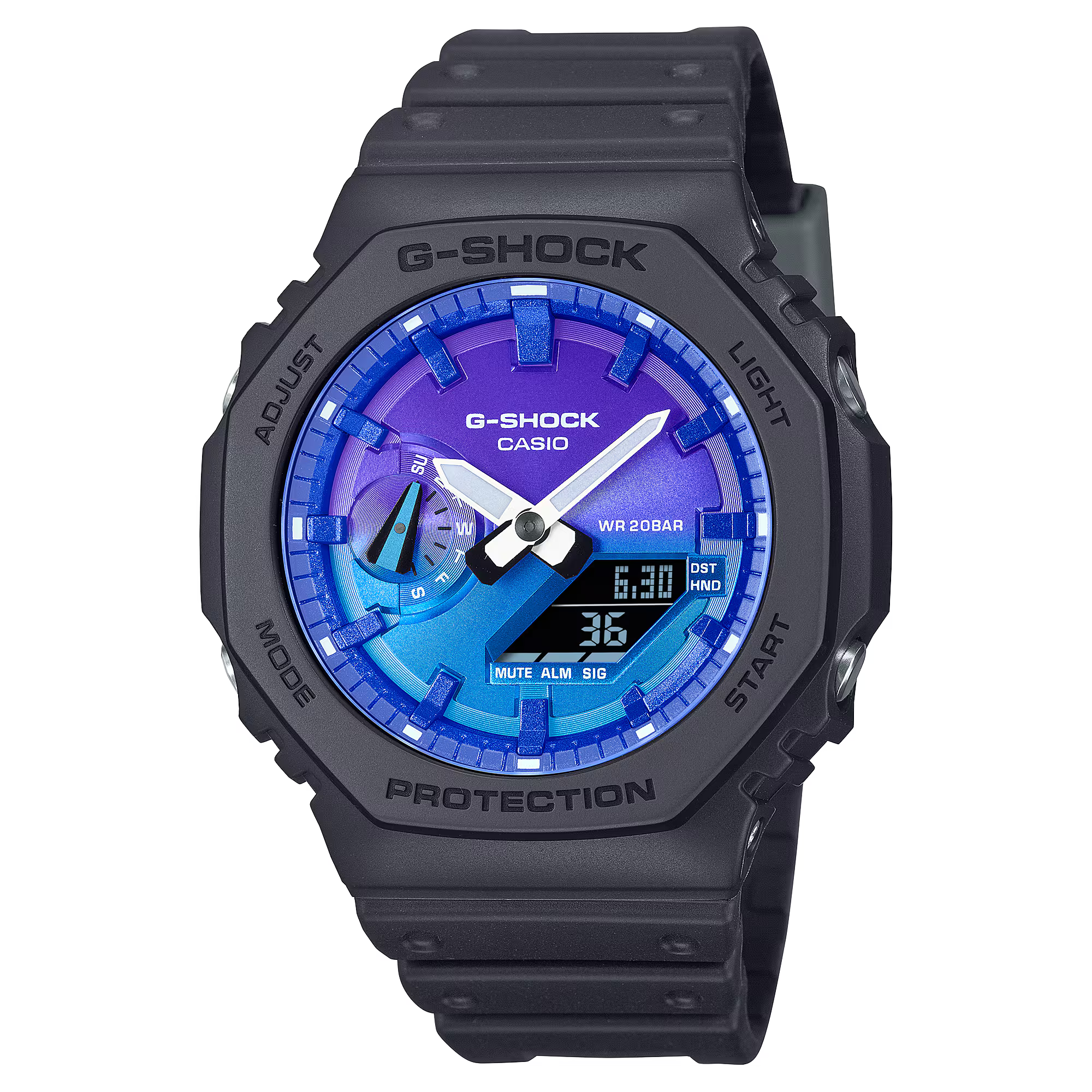 G-Shock Digital Black Resin Band Blue and Purple Dial Watch GA2100FL-1A